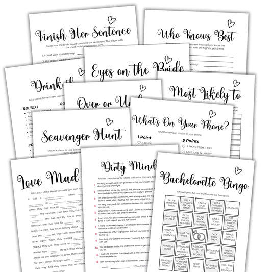 Collection of bachelorette party games and activities on white paper.