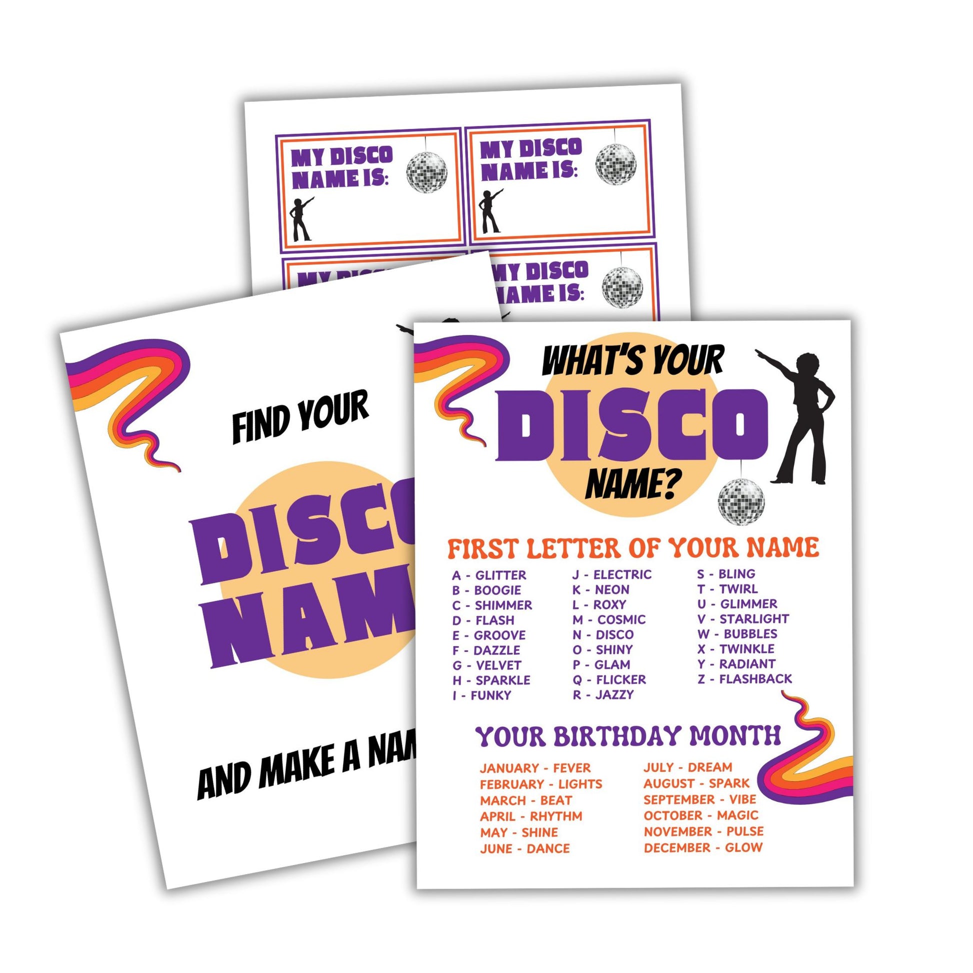 Three disco-themed name games with colorful designs on a white background