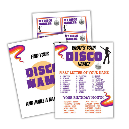 Three disco-themed name games with colorful designs on a white background