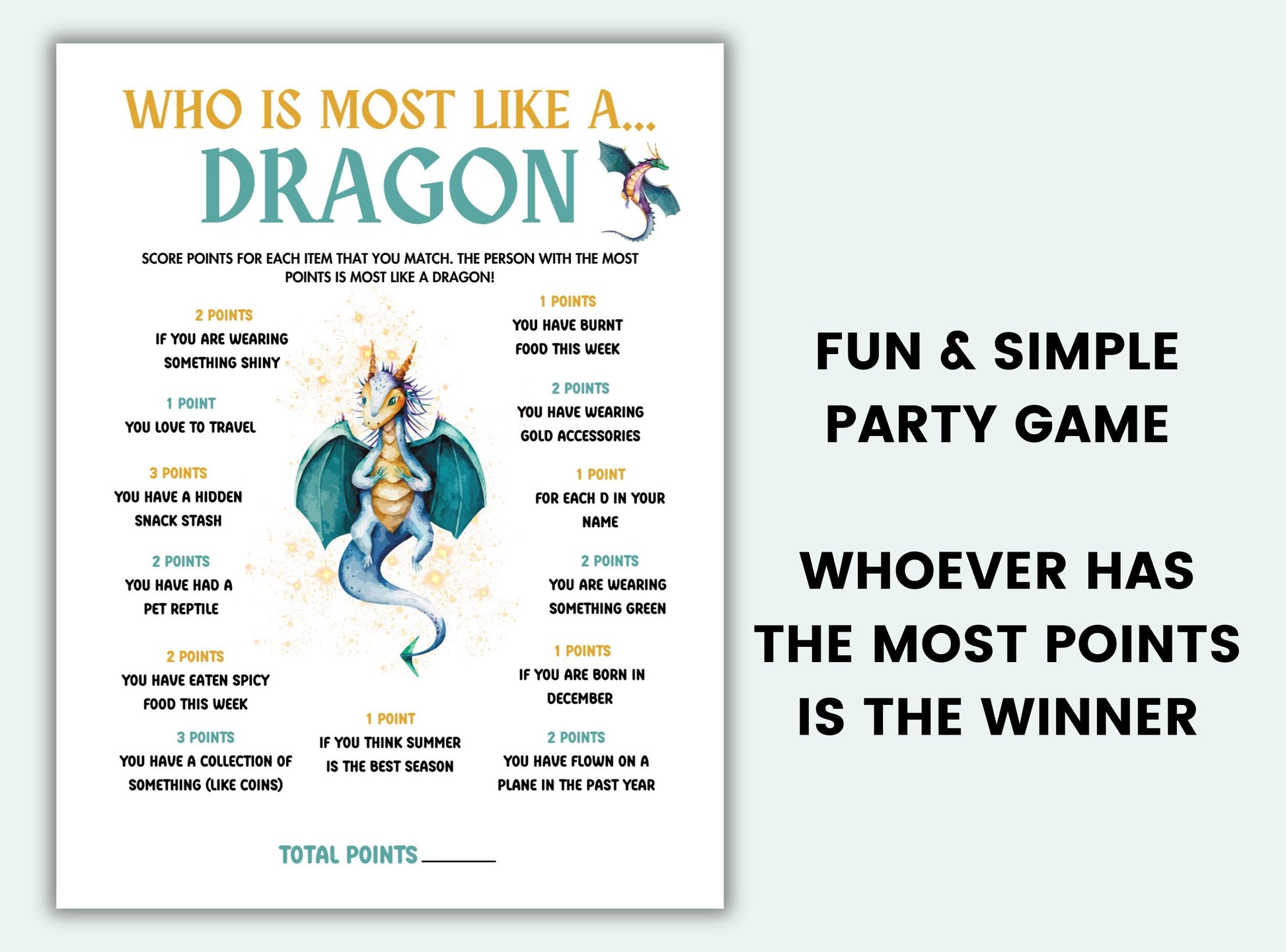 Game sheet titled 'Who is Most Like a Dragon' with dragon illustration and game instructions.