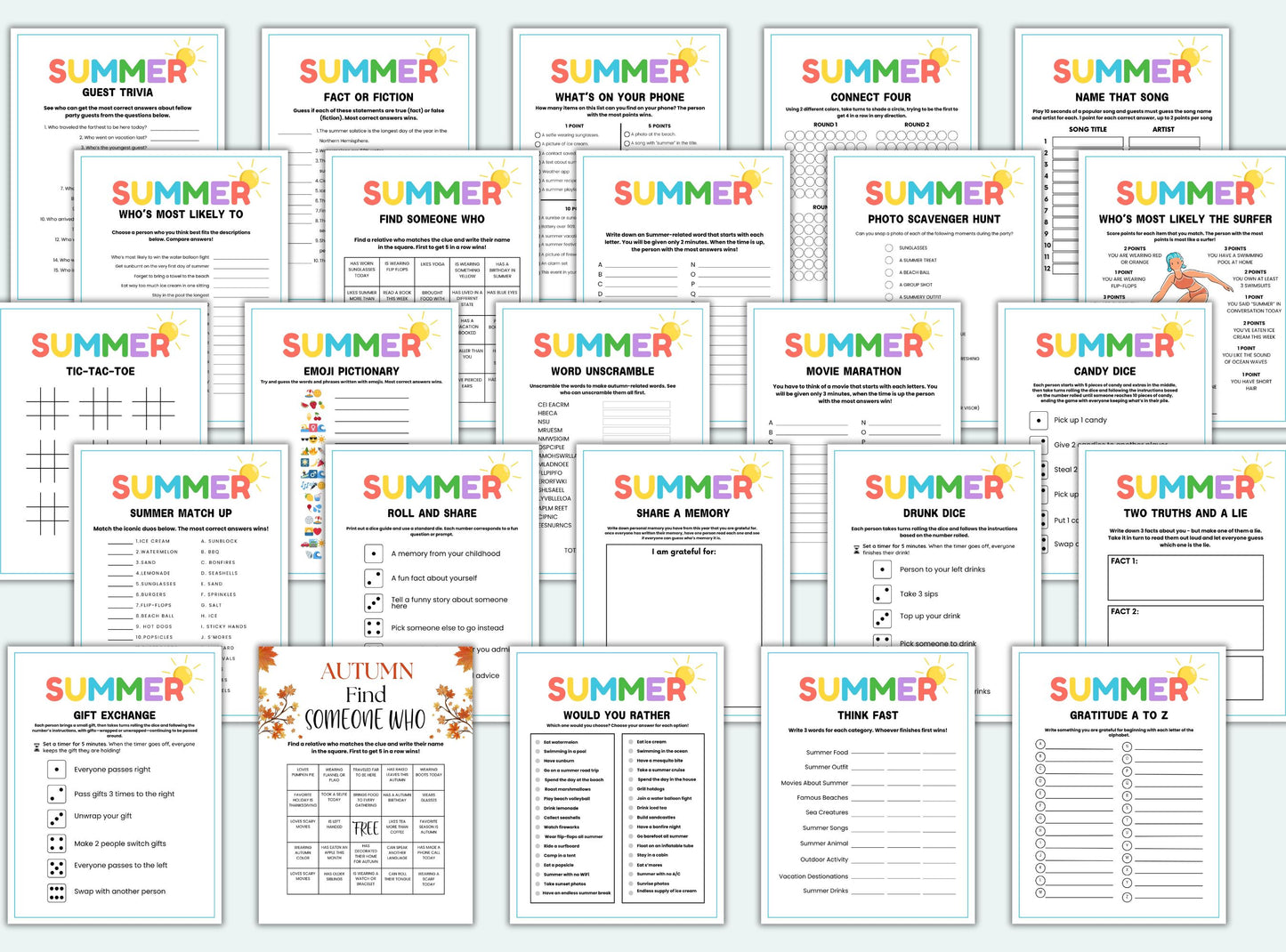 Collection of 'Summer' themed worksheets and activities on a white background