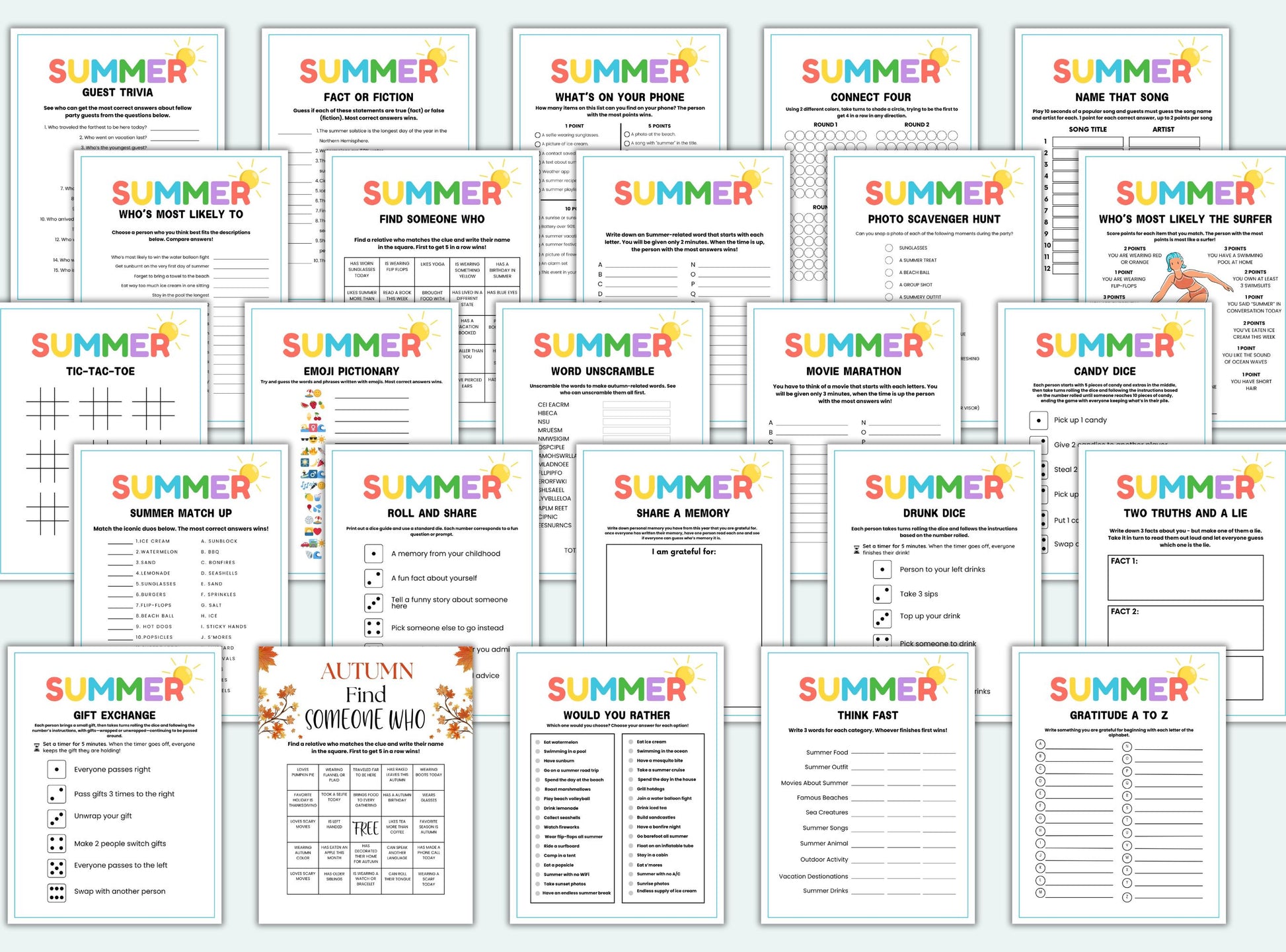 Collection of 'Summer' themed worksheets and activities on a white background