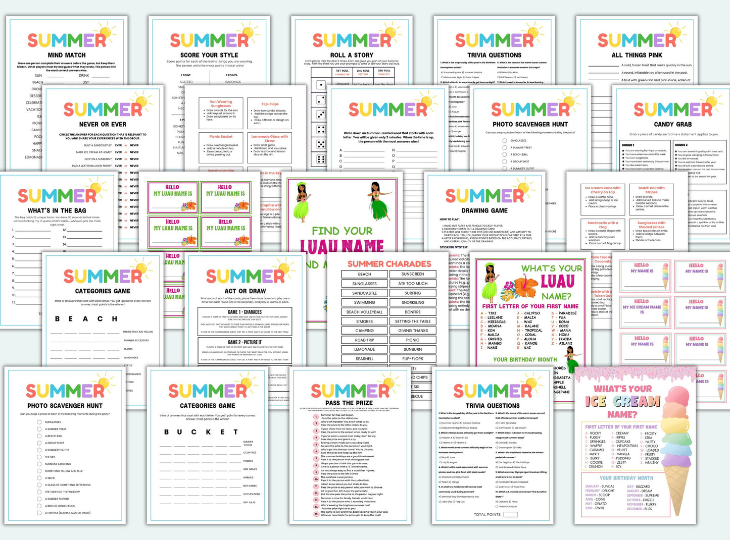 Collection of summer-themed games and activities on a white background