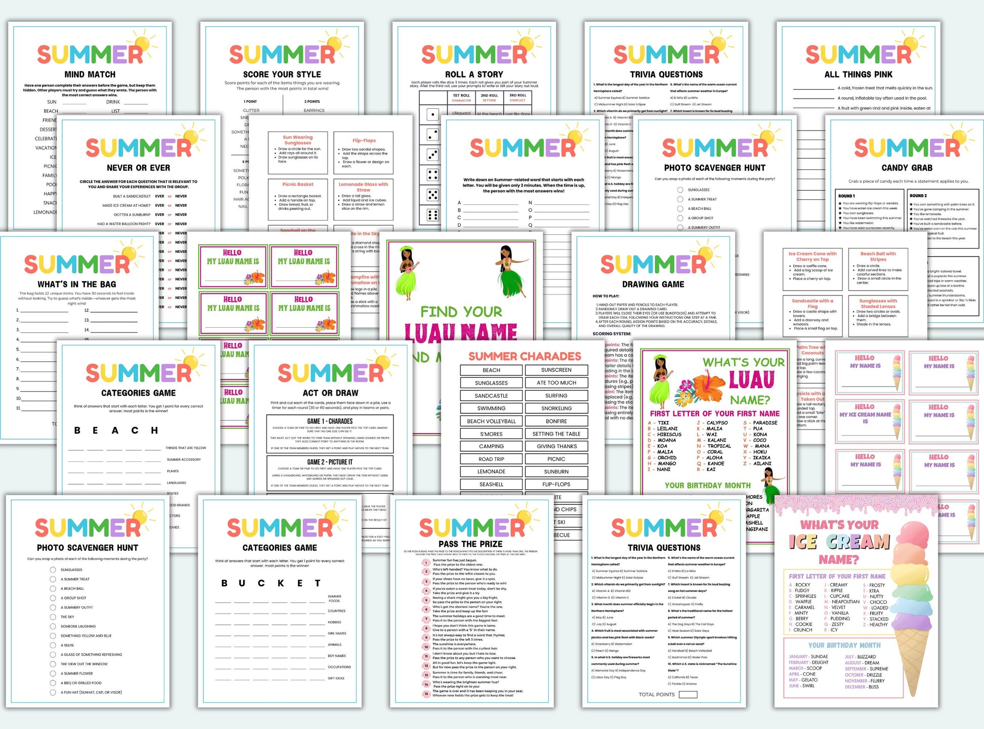 Collection of summer-themed games and activities on a white background