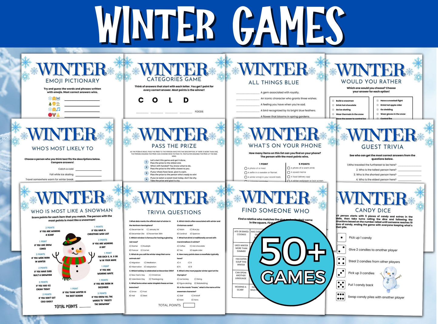Collection of winter-themed games with a snowman graphic and text on a blue background