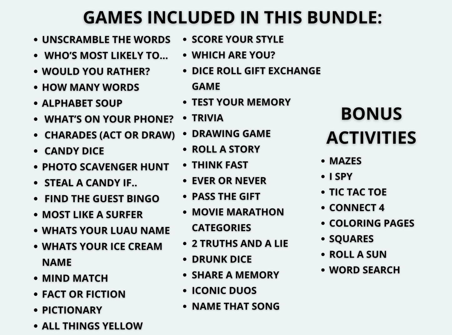 List of games and activities included in a bundle on a white background