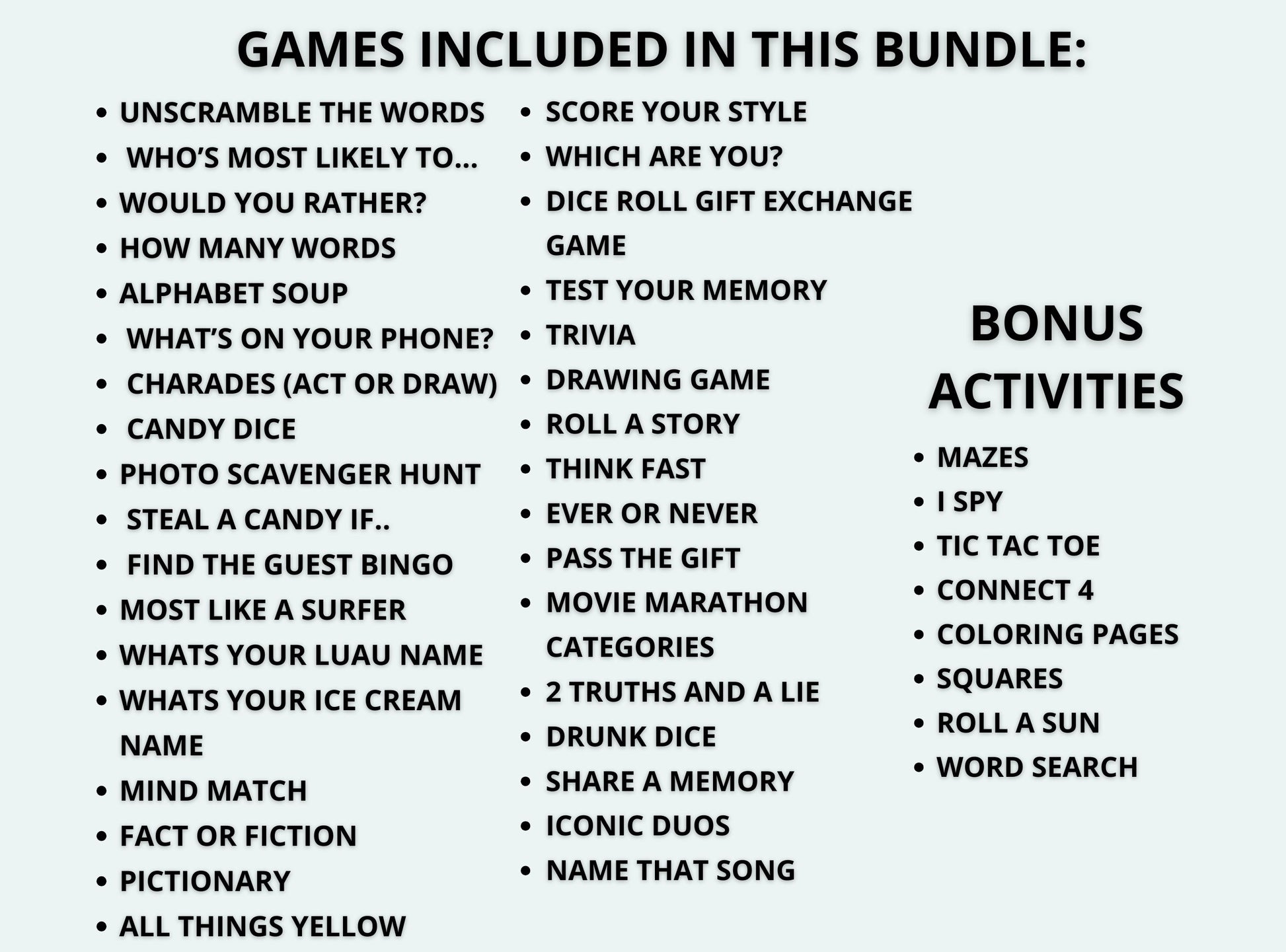 List of games and activities included in a bundle on a white background