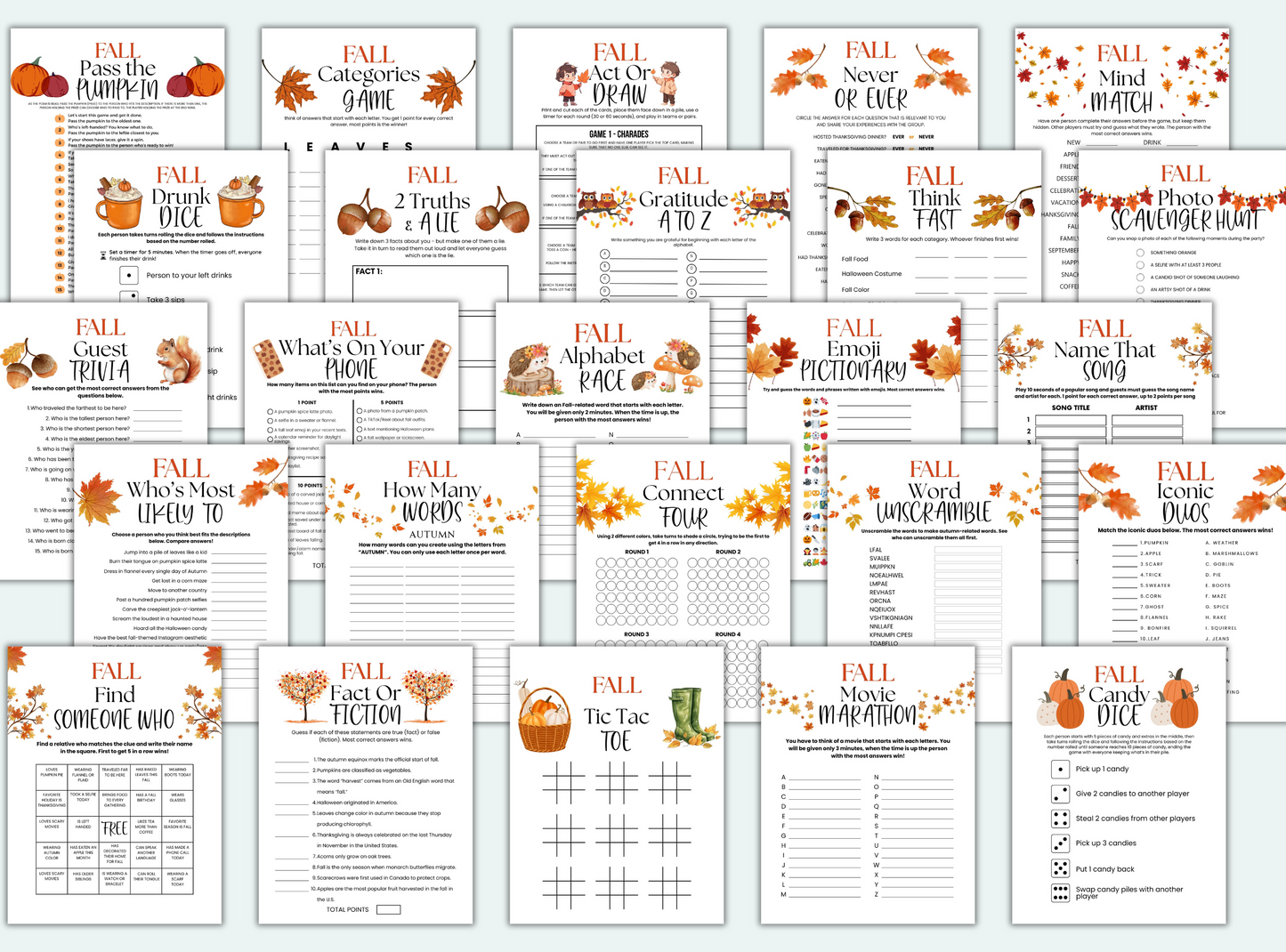 Collection of fall-themed games and activities on a white background