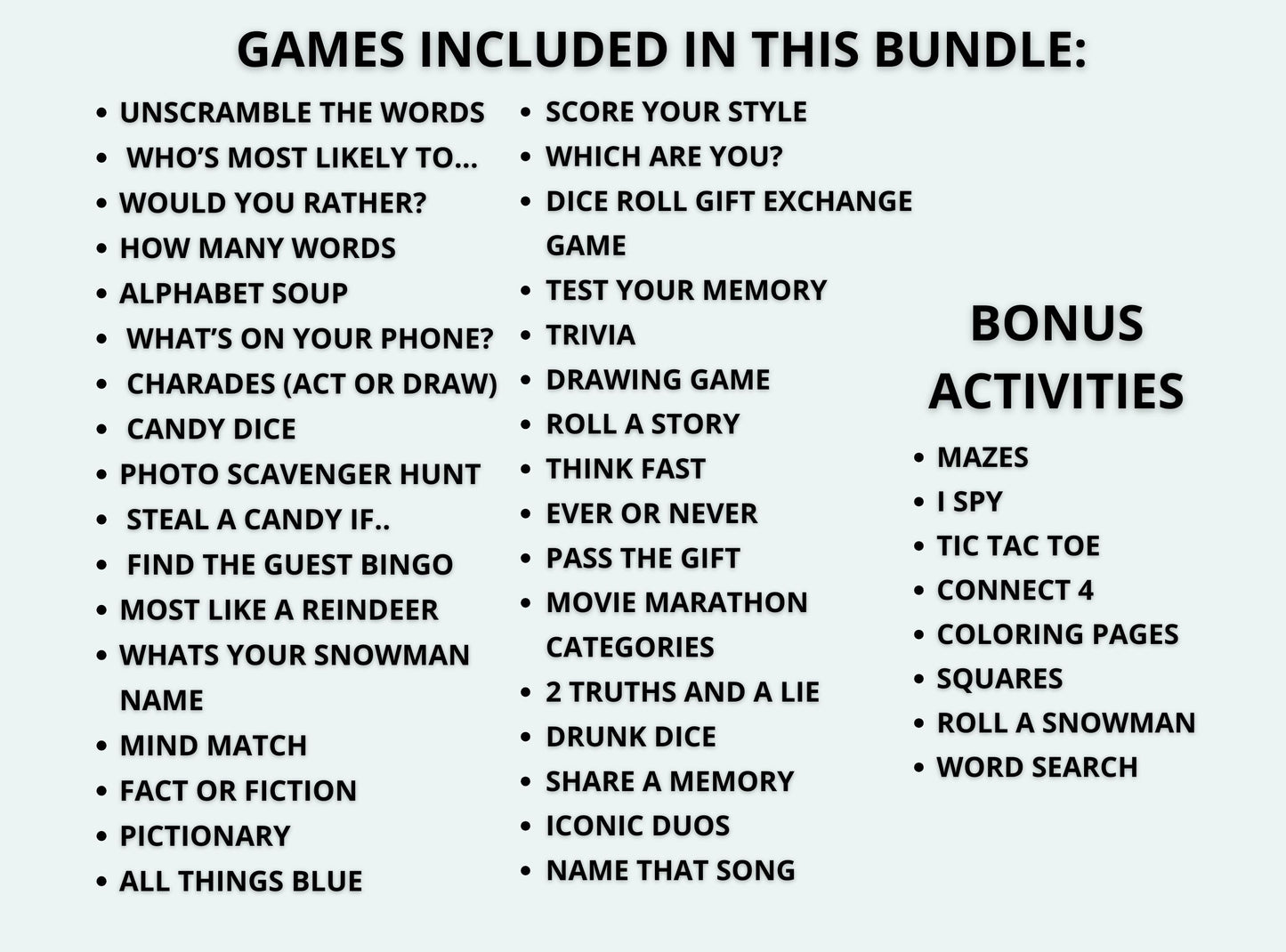 List of games and activities included in a bundle on a white background
