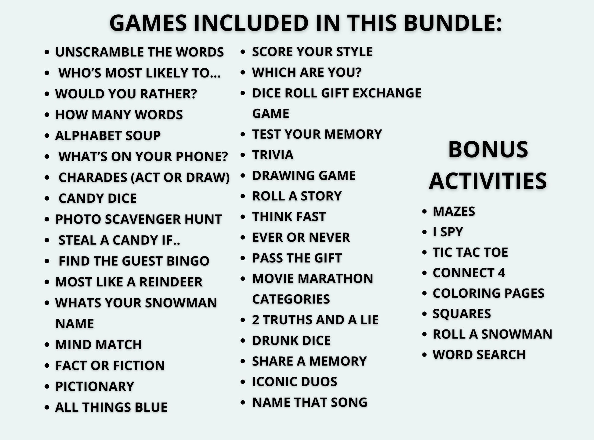 List of games and activities included in a bundle on a white background