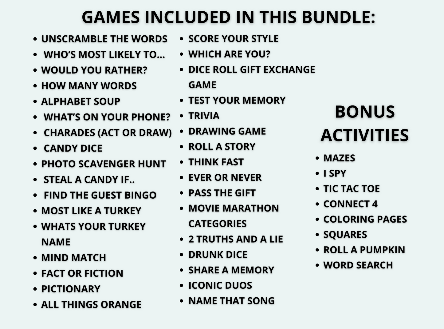 List of games and activities included in a bundle on a white background