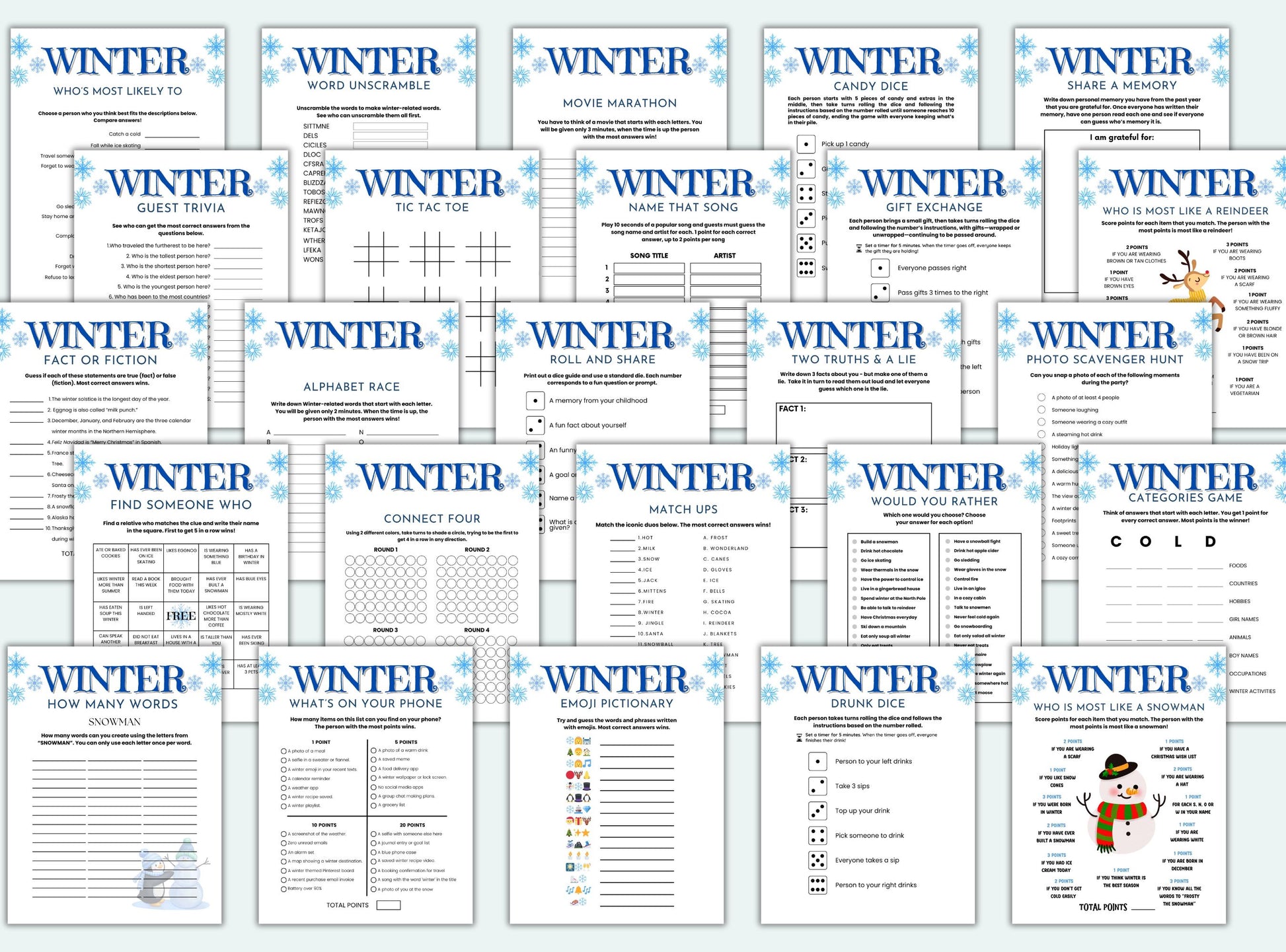 Collection of winter-themed educational games and activities on a white background