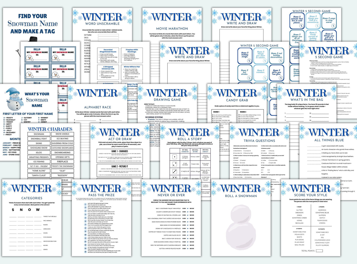 Collection of winter-themed games and activities on a white background