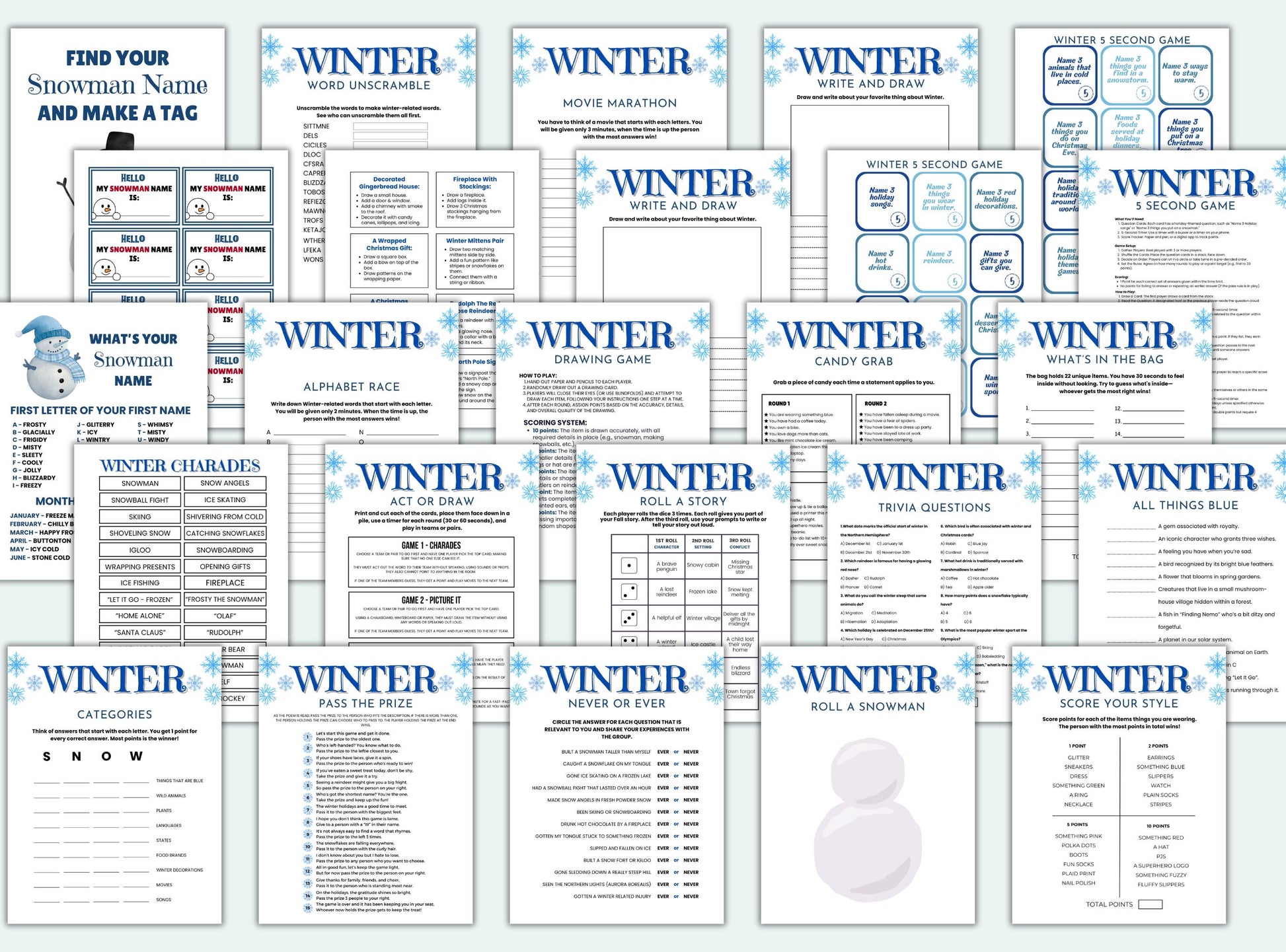 Collection of winter-themed games and activities on a white background