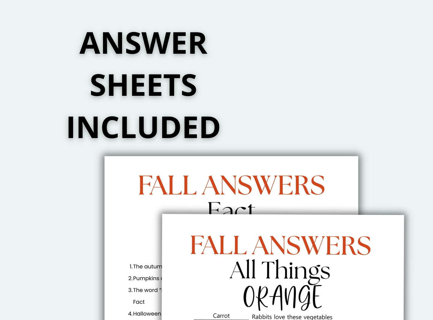 Two 'Fall Answers' sheets with text on a light gray background