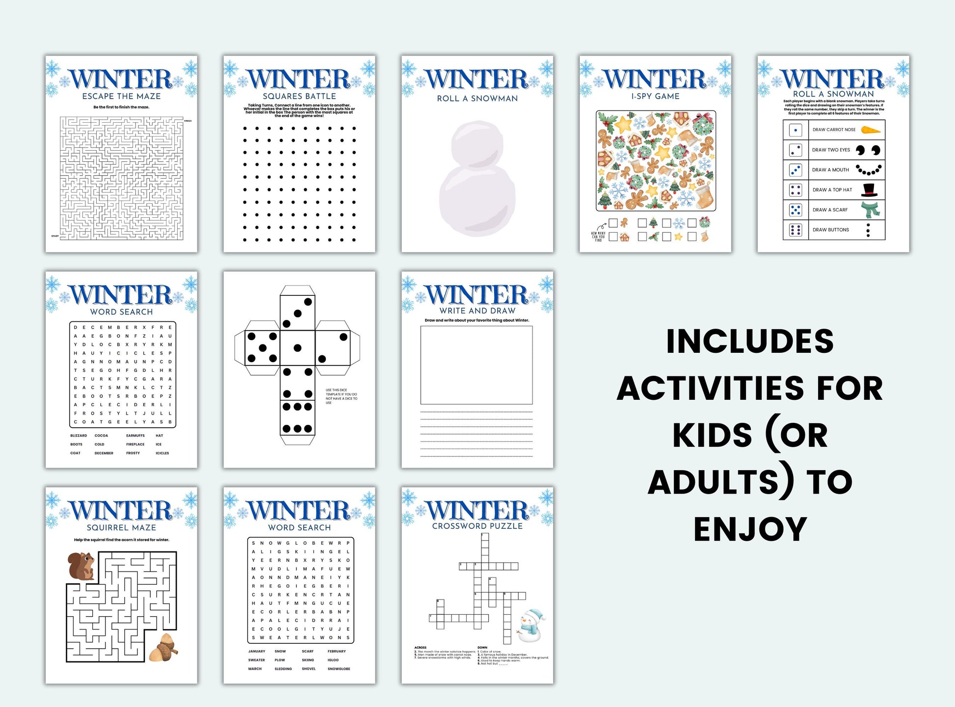 Collection of winter-themed activity sheets for kids on a white background