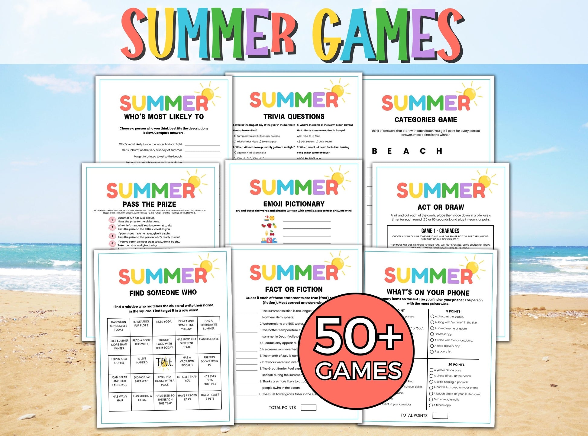 Set of summer-themed games on a beach background