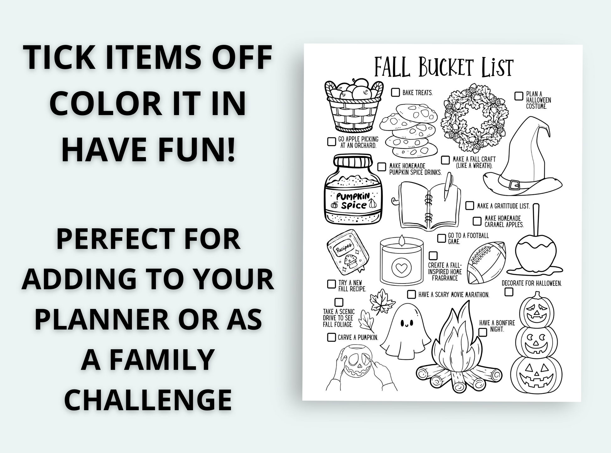 Halloween-themed fall bucket list with illustrations and text on a light gray background