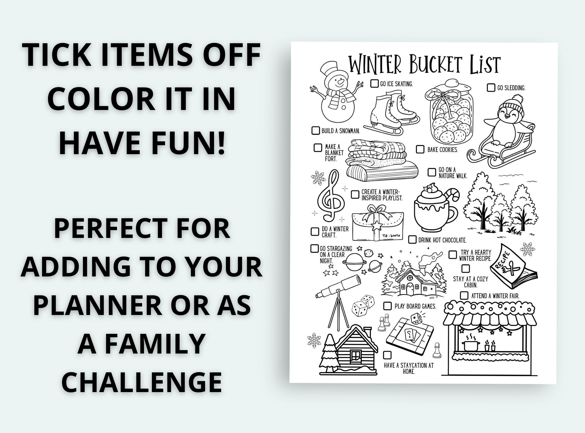 Winter bucket list with checkboxes and coloring guide on a white background