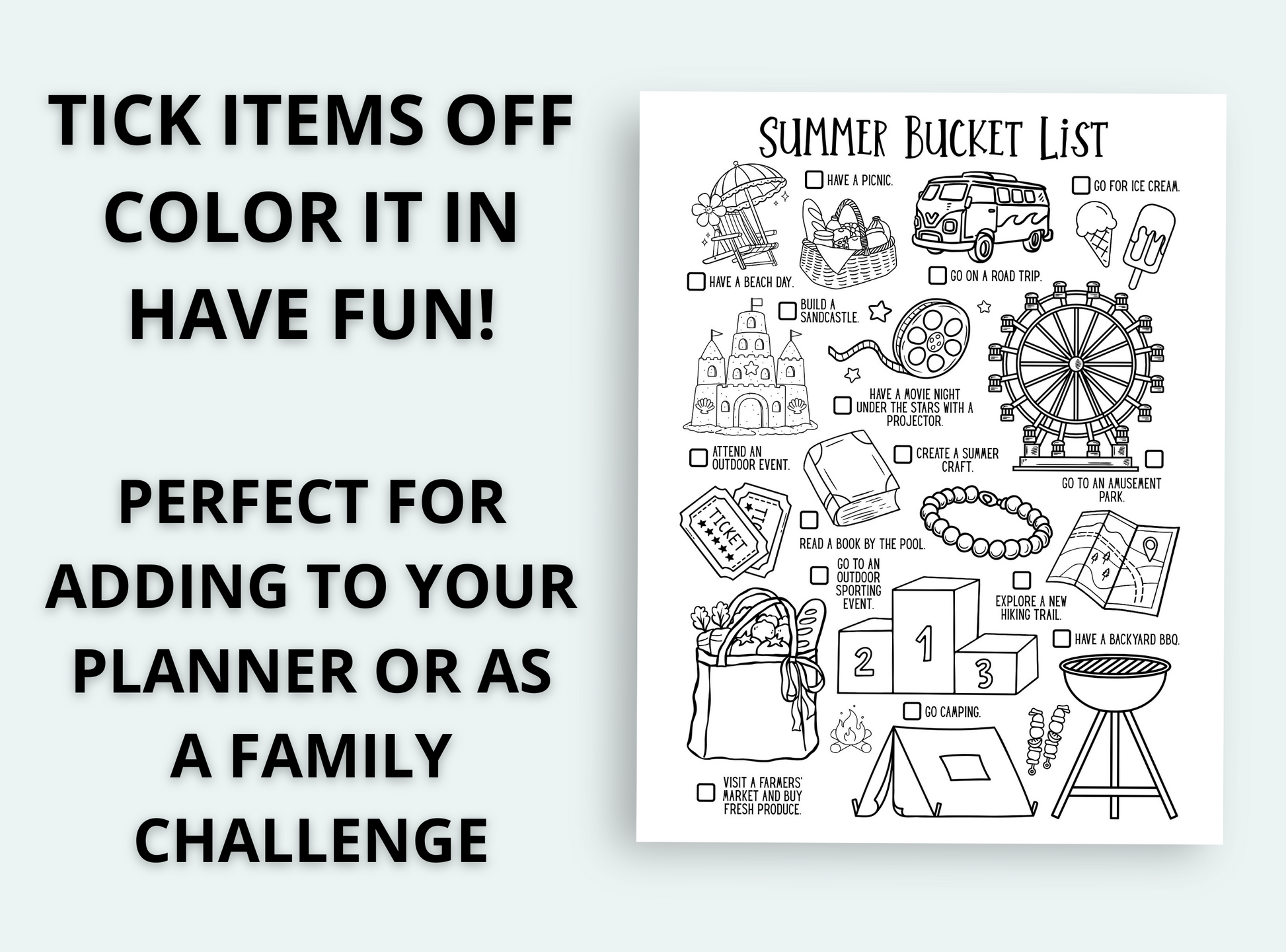 Summer bucket list coloring sheet with text on a light blue background