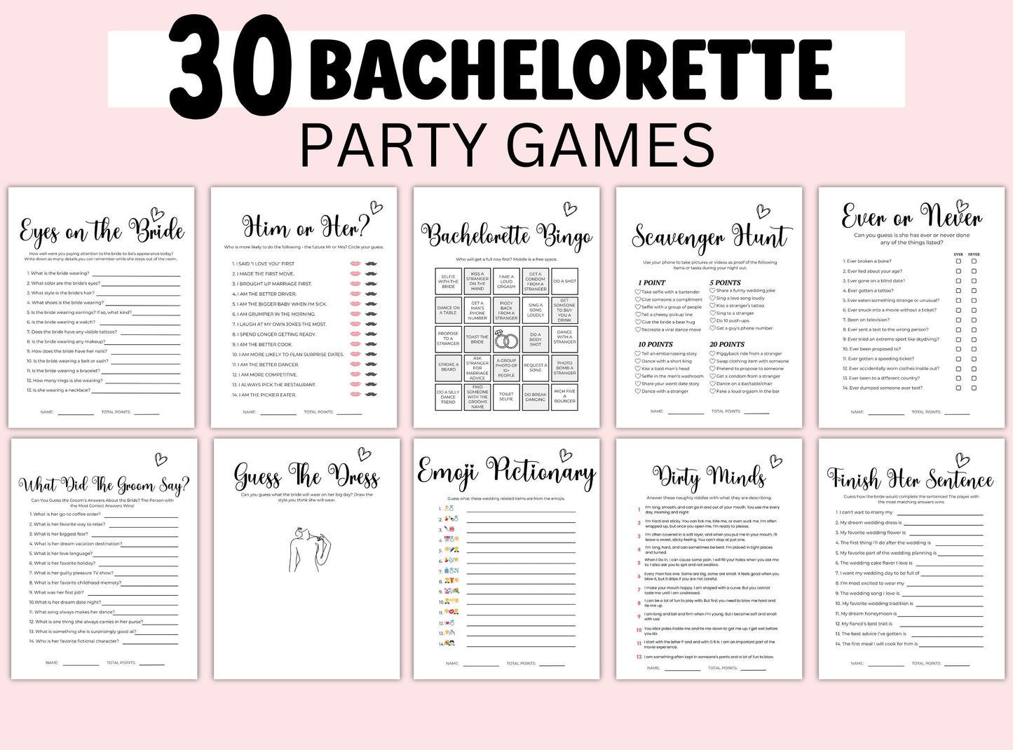 Sheet of bachelorette party games with titles on a pink background