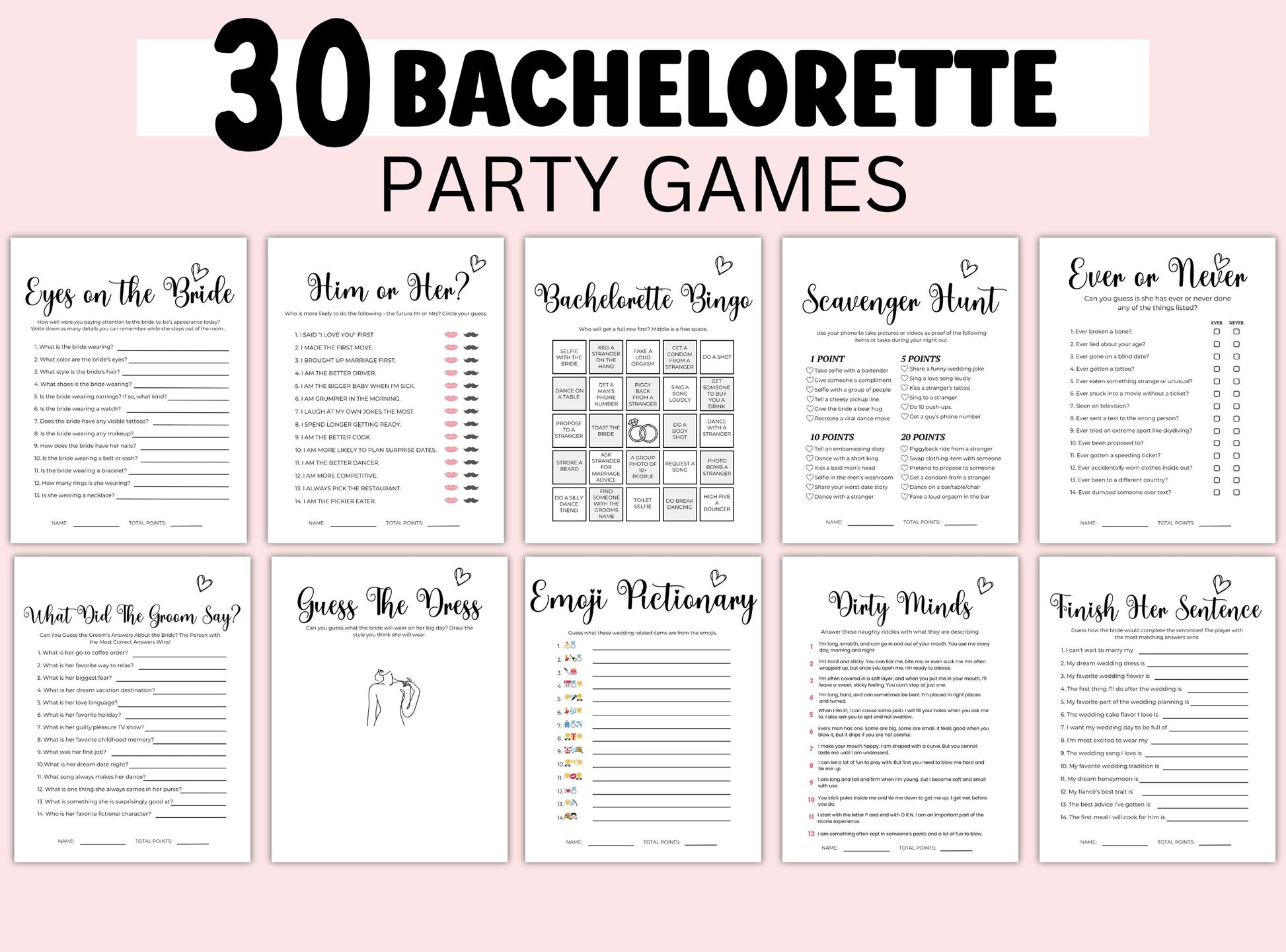 Sheet of bachelorette party games with titles on a pink background