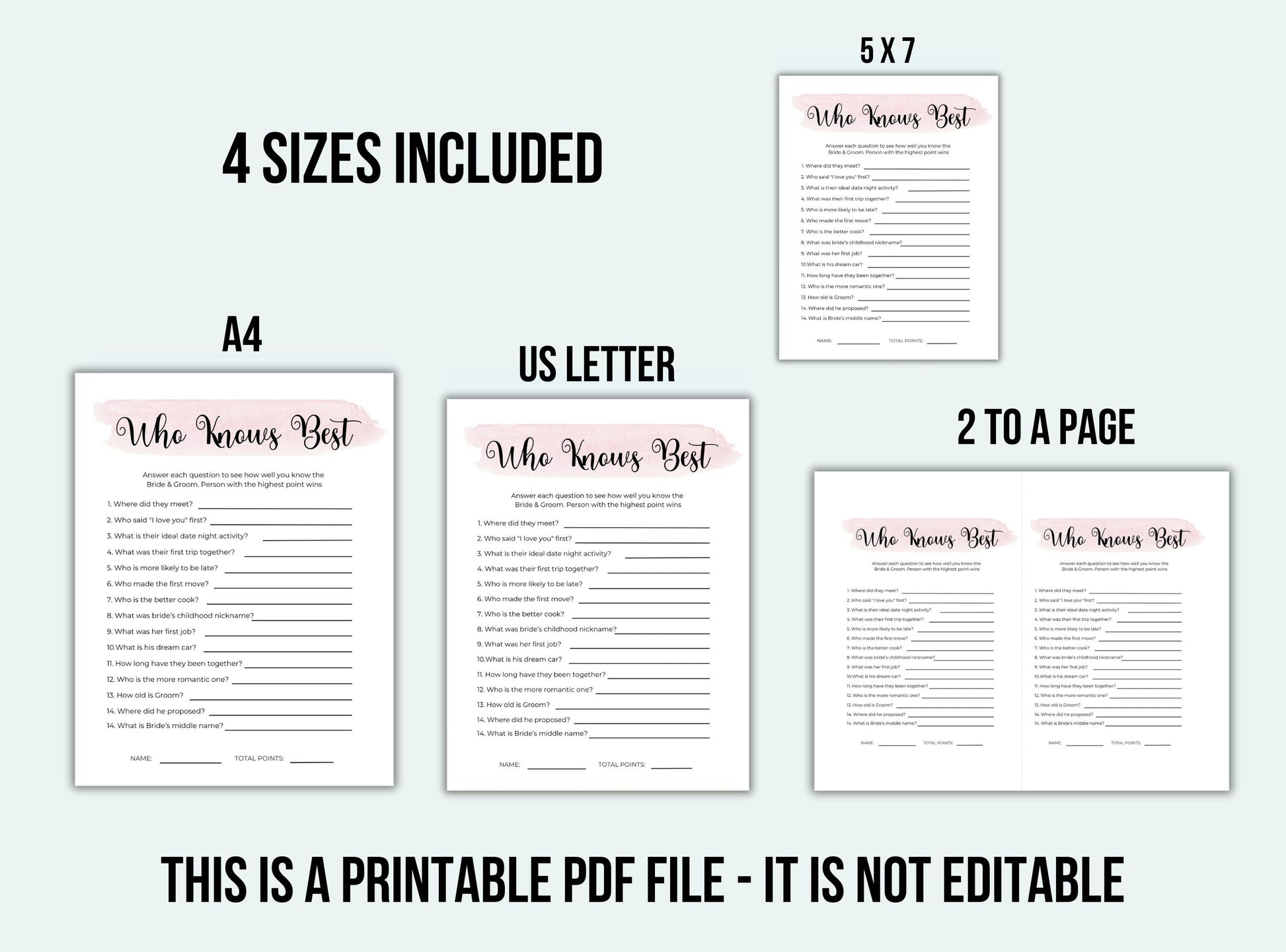 Printable 'Who Knows Best' game sheets with various sizes displayed on a white background.