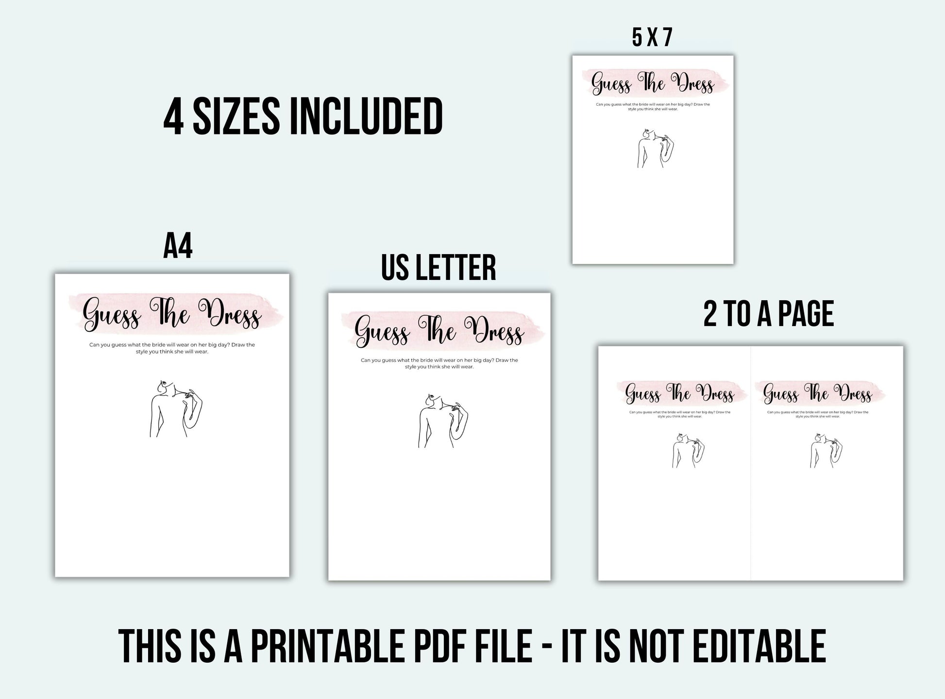 Set of printable 'Guess the Dress' templates with sizes A4, US Letter, and 2 per page on a light gray background.