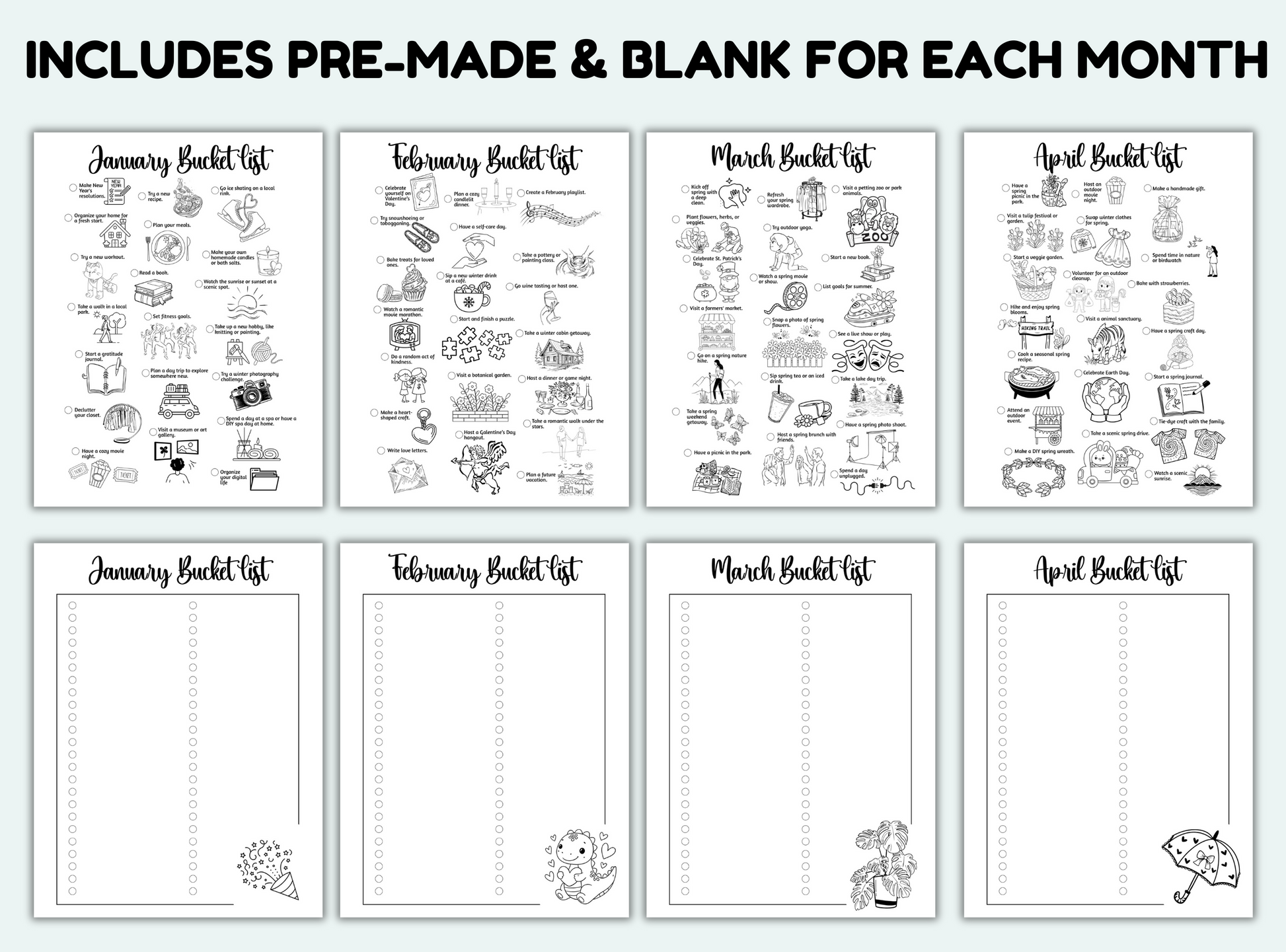 Set of black and white bucket list templates for each month of the year.