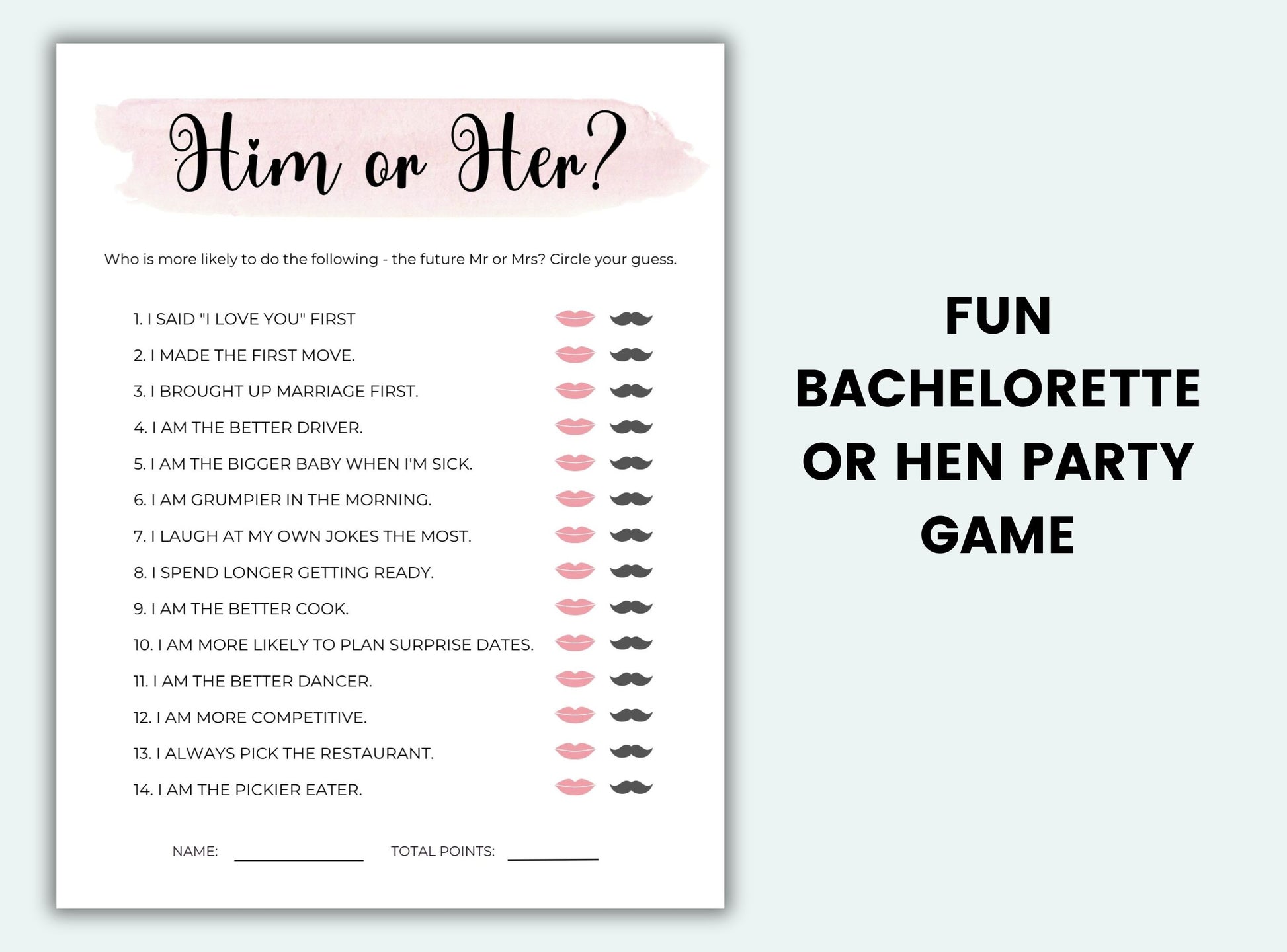 Bachelorette or hen party game sheet with pink and black design on a light gray background