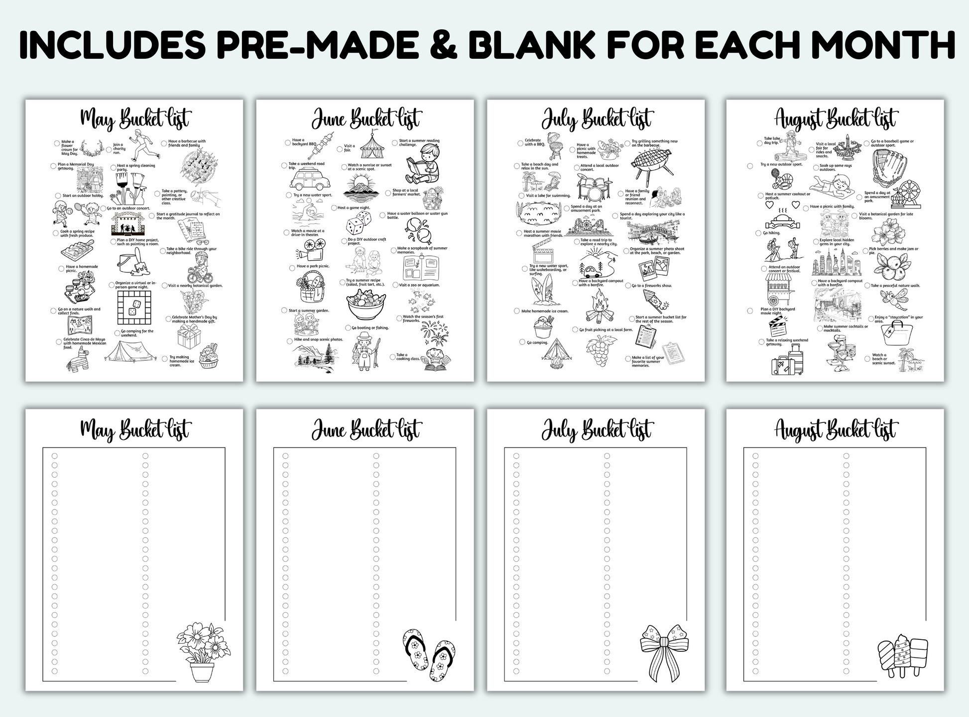 Set of black and white bucket list templates for each month of the year.
