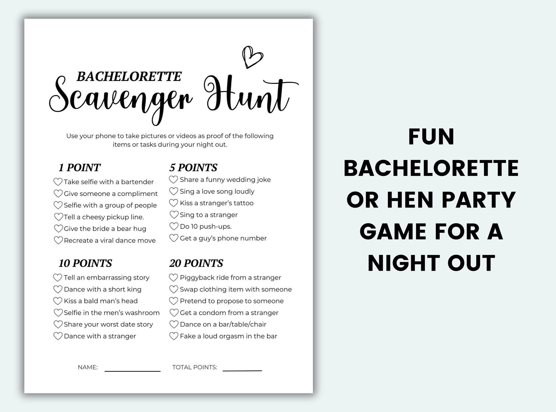 Bachelorette Scavenger Hunt game sheet with points and activities on a white background