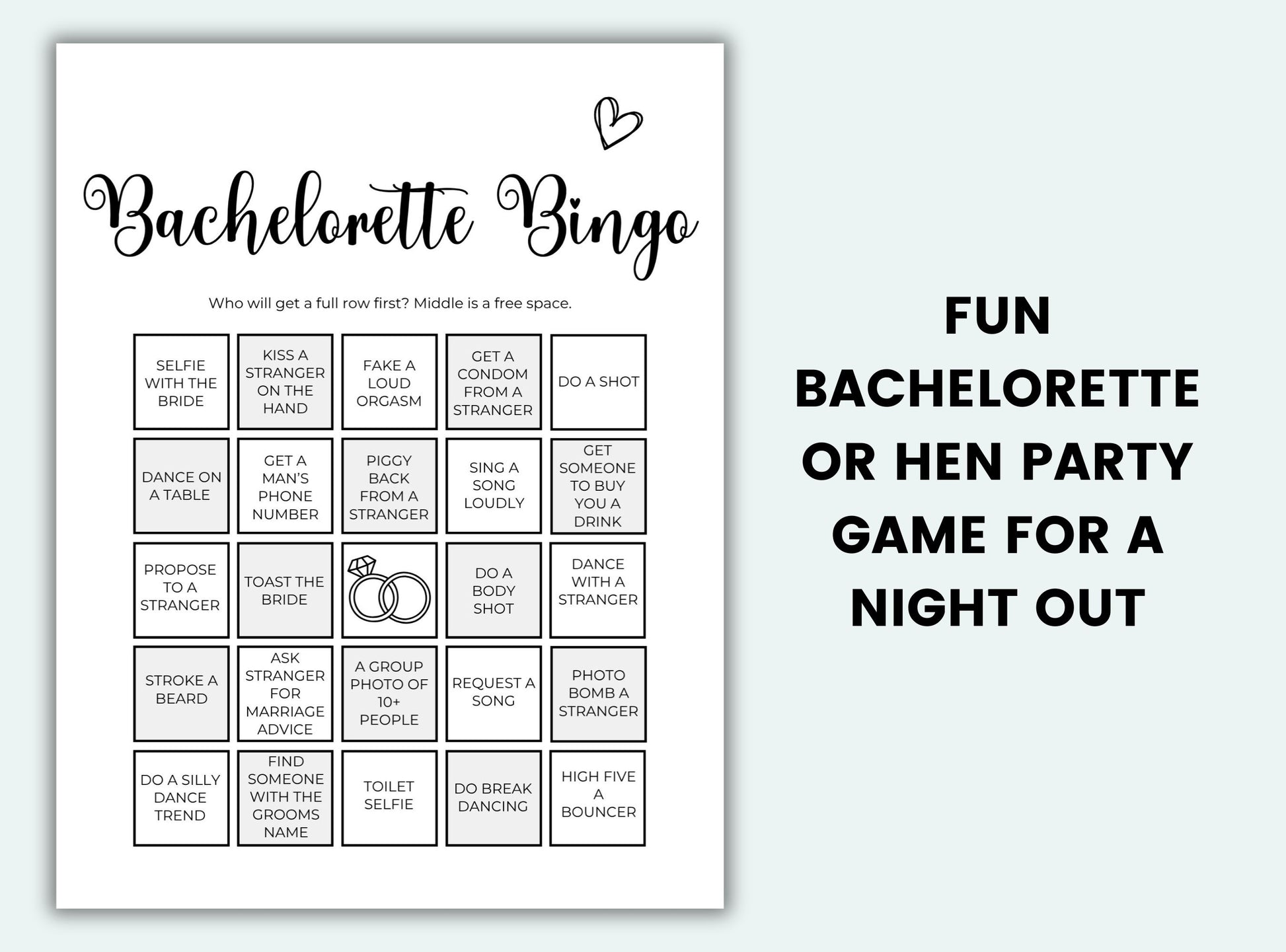 Bachelorette Bingo game sheet with black text on a white background