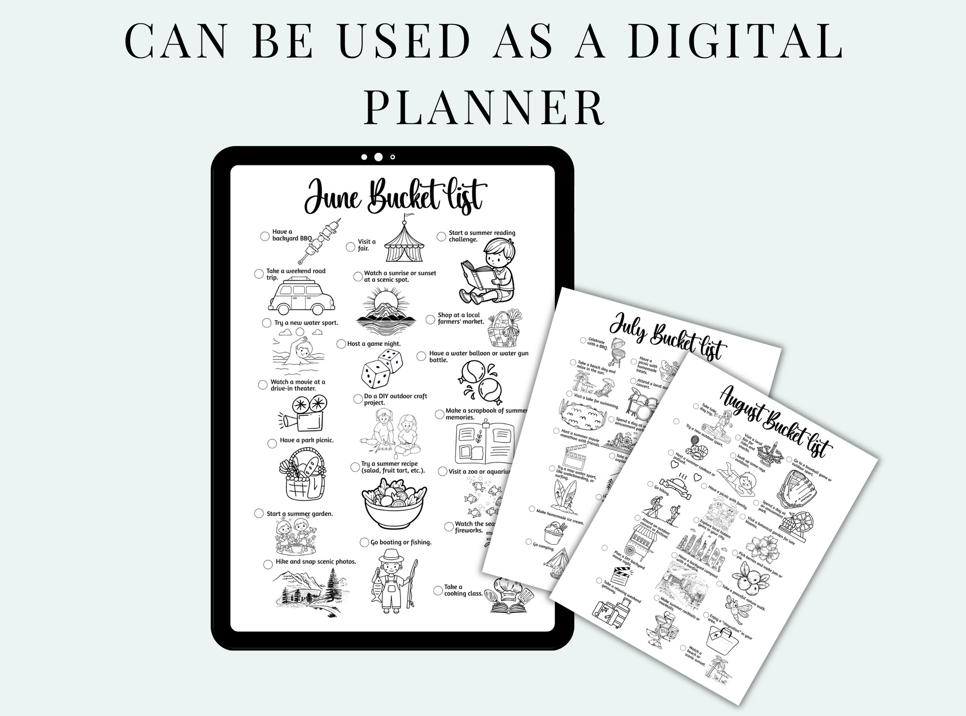 Digital planner with June and July bucket list on a tablet and paper