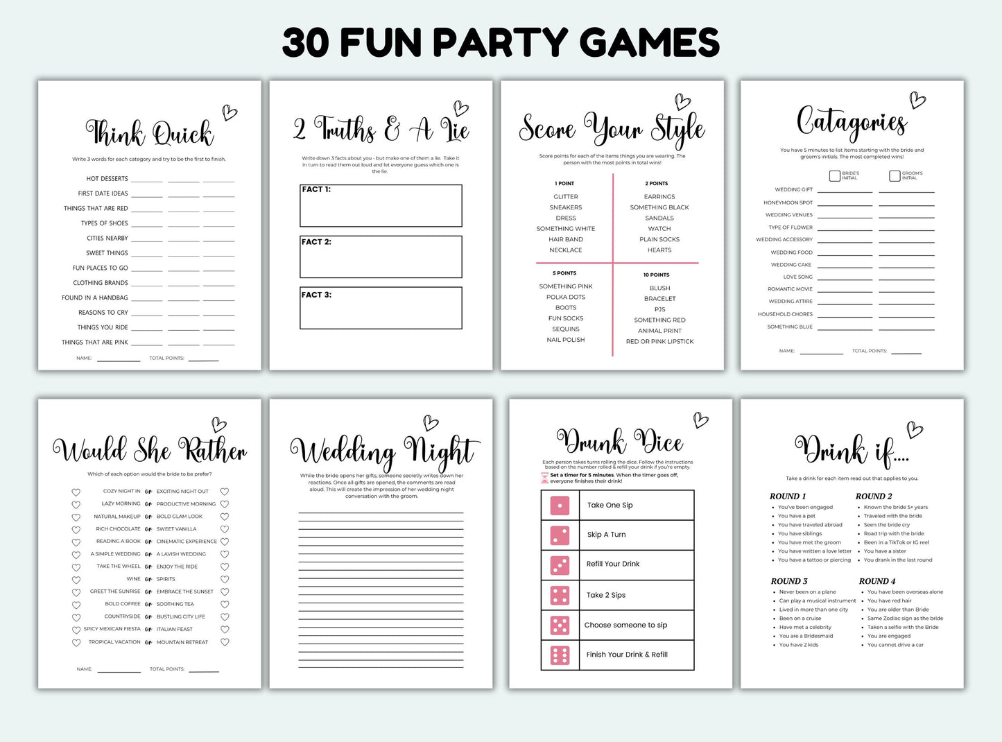 Set of 30 fun party game cards with various titles and question formats on a white background.