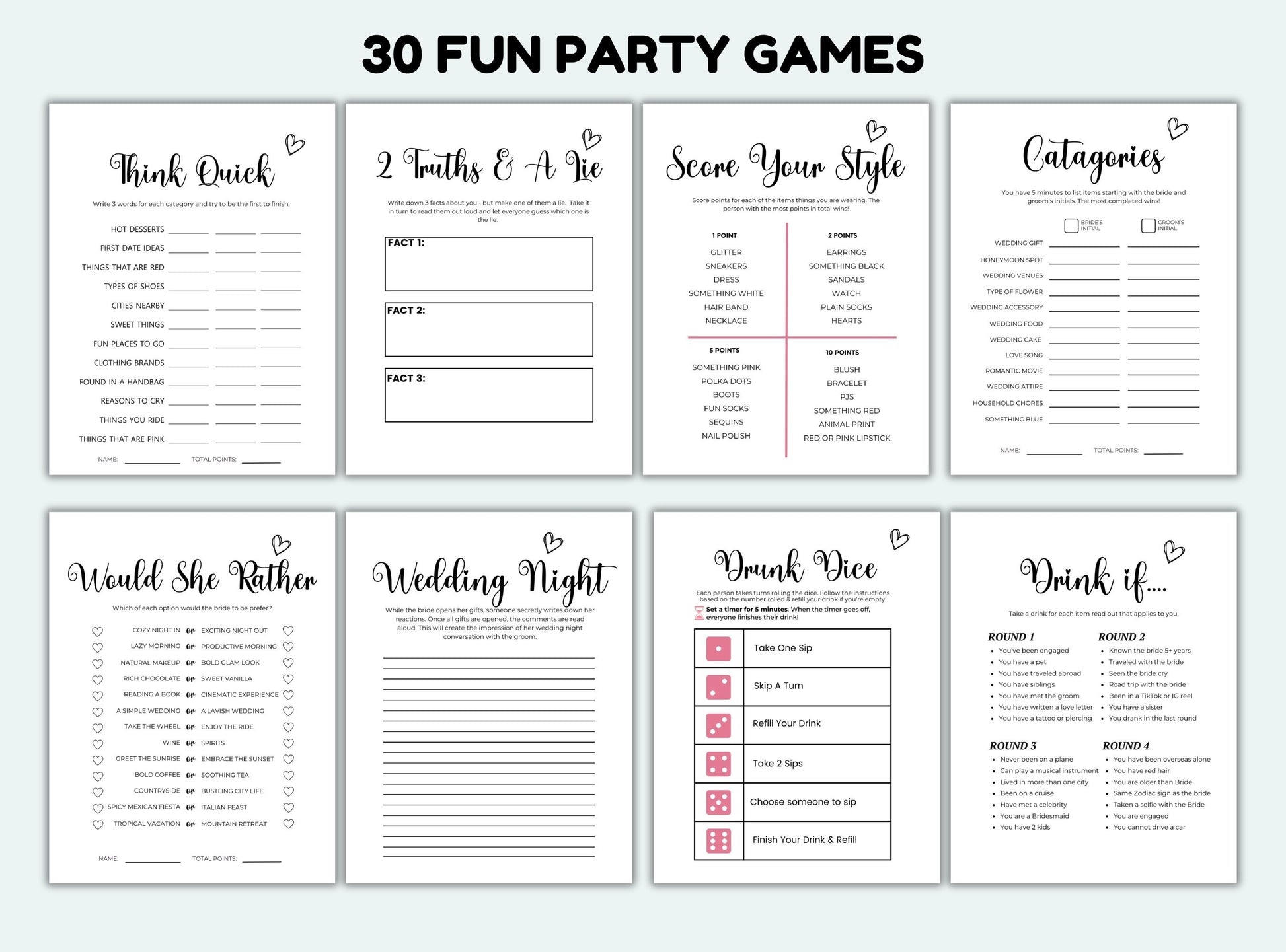 Set of 30 fun party game cards with various titles and question formats on a white background.