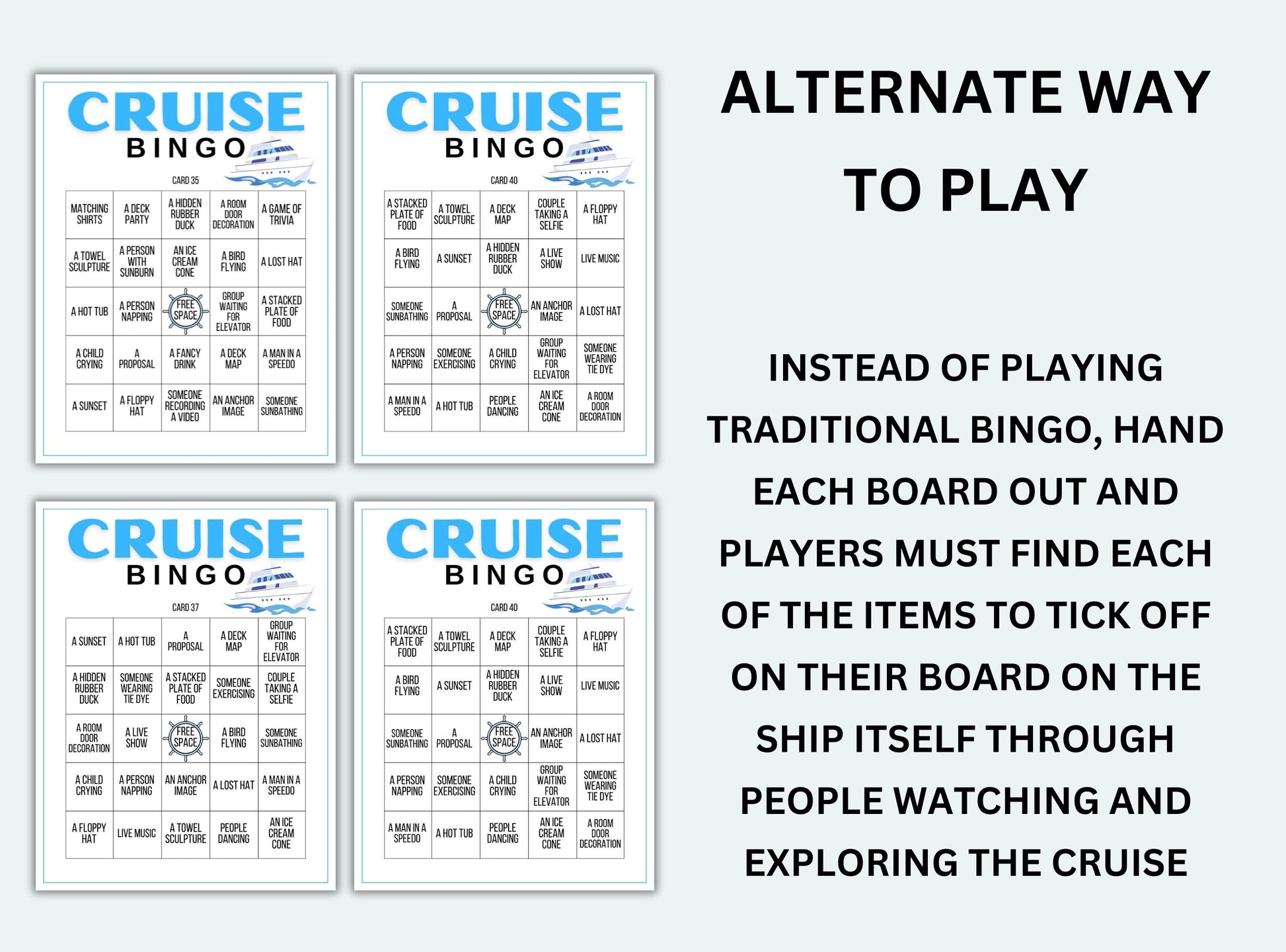 Four Cruise Bingo boards with text explaining an alternate way to play.