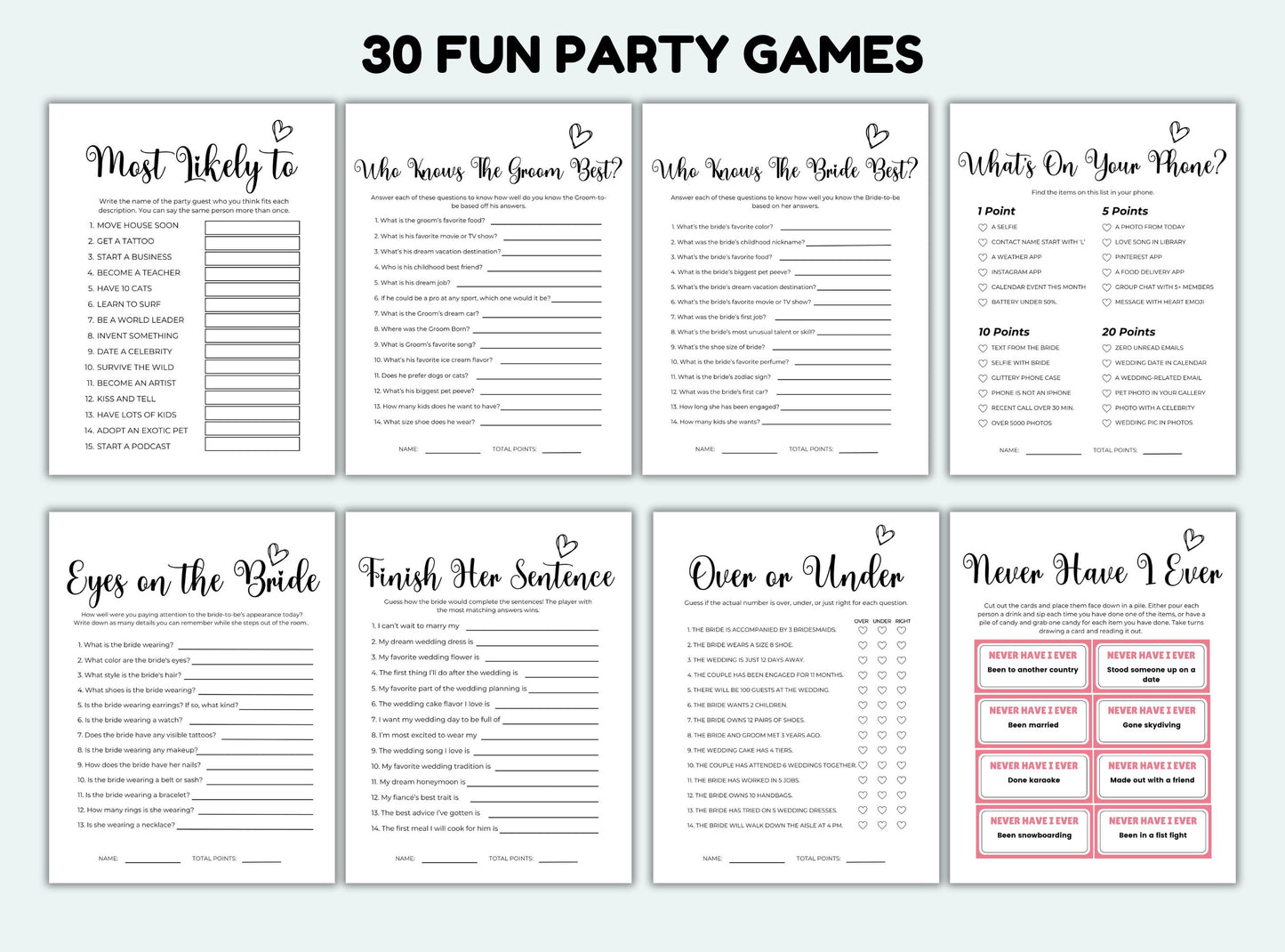Set of 30 fun party game cards with various questions and activities on a white background.