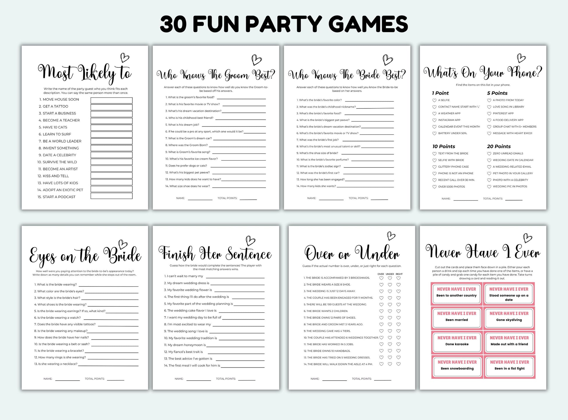 Set of 30 fun party game cards with various questions and activities on a white background.