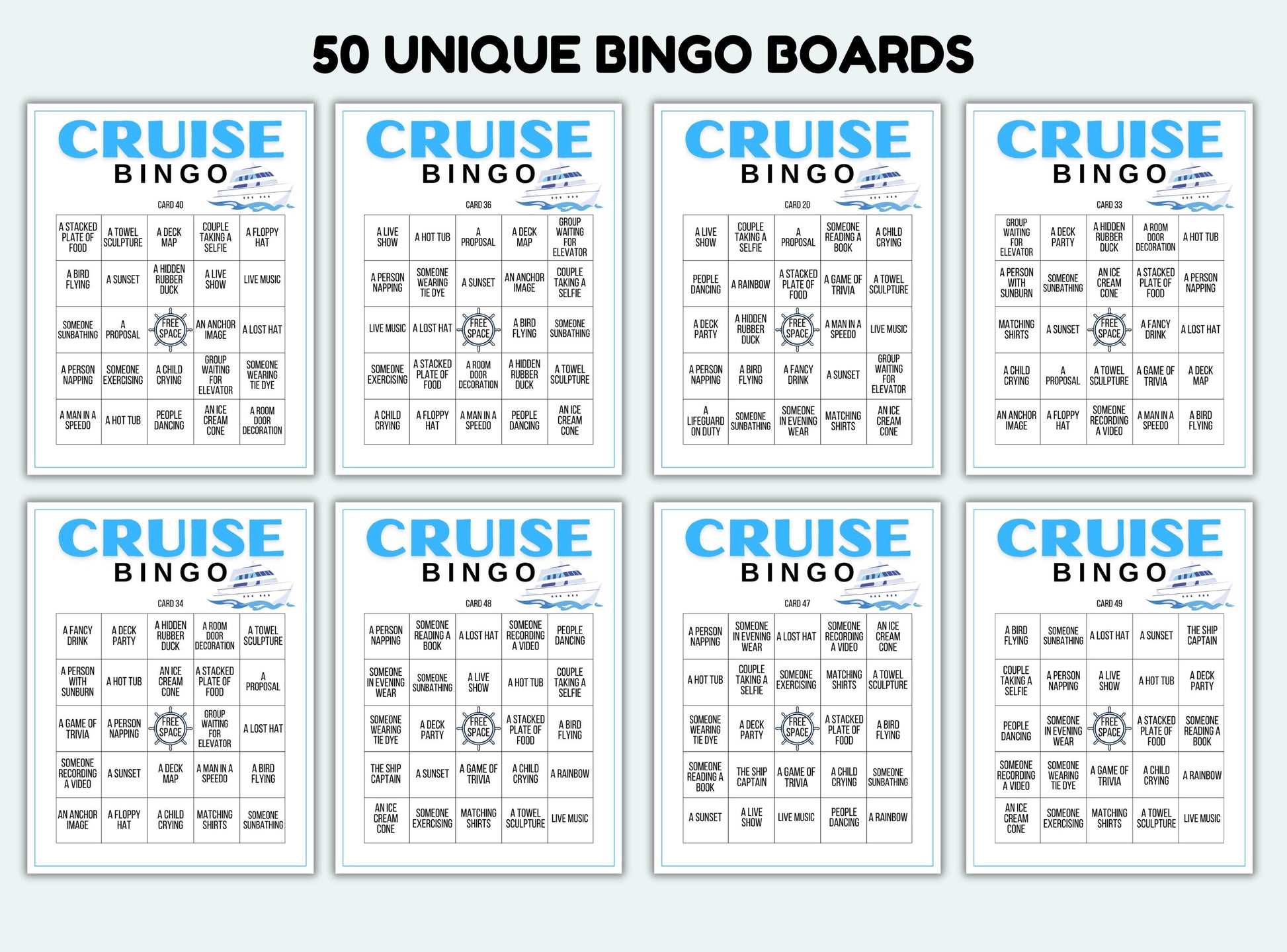Set of 8 Cruise Bingo boards on a white background