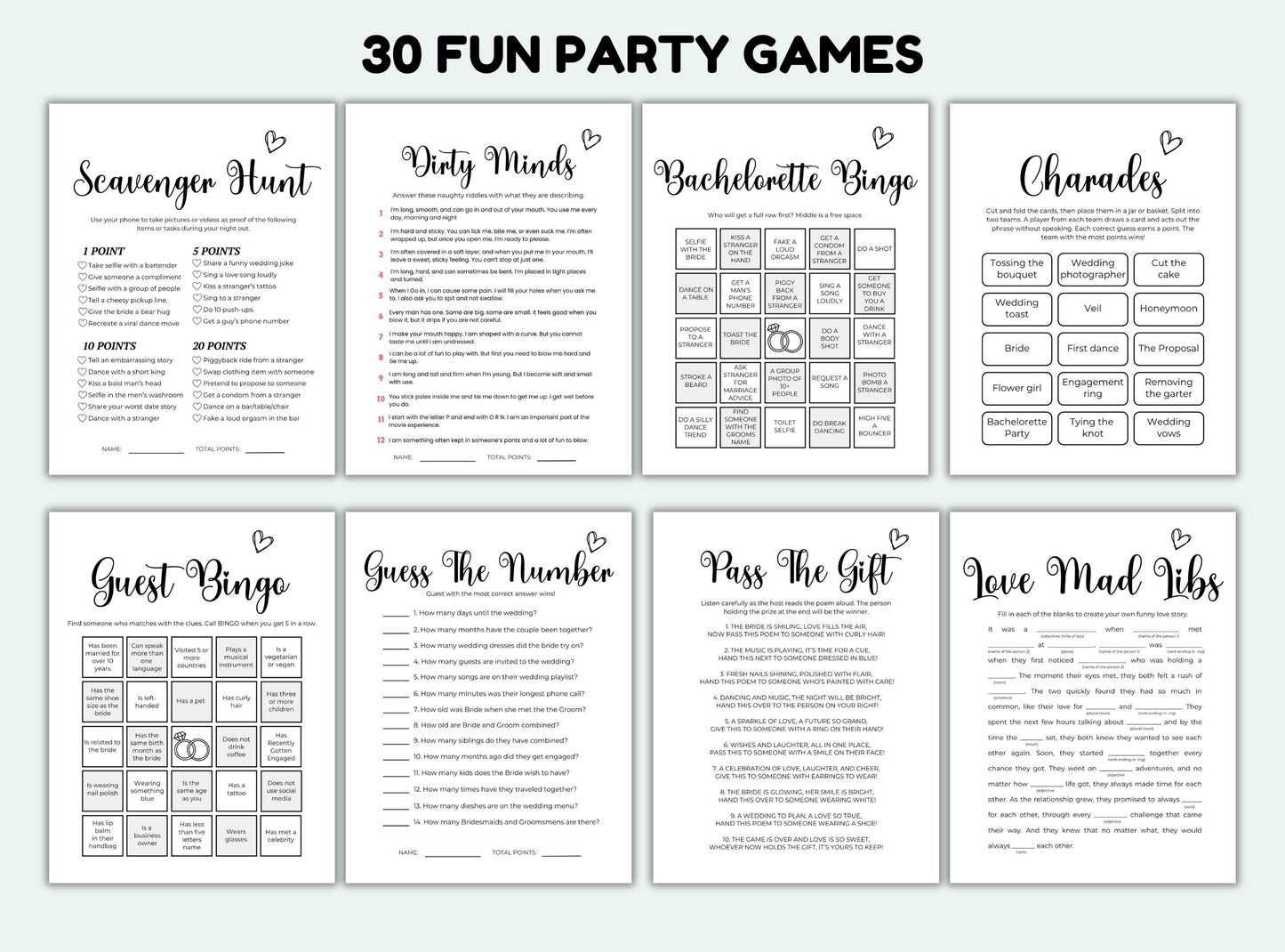 Collection of 30 fun party game sheets with titles and instructions.