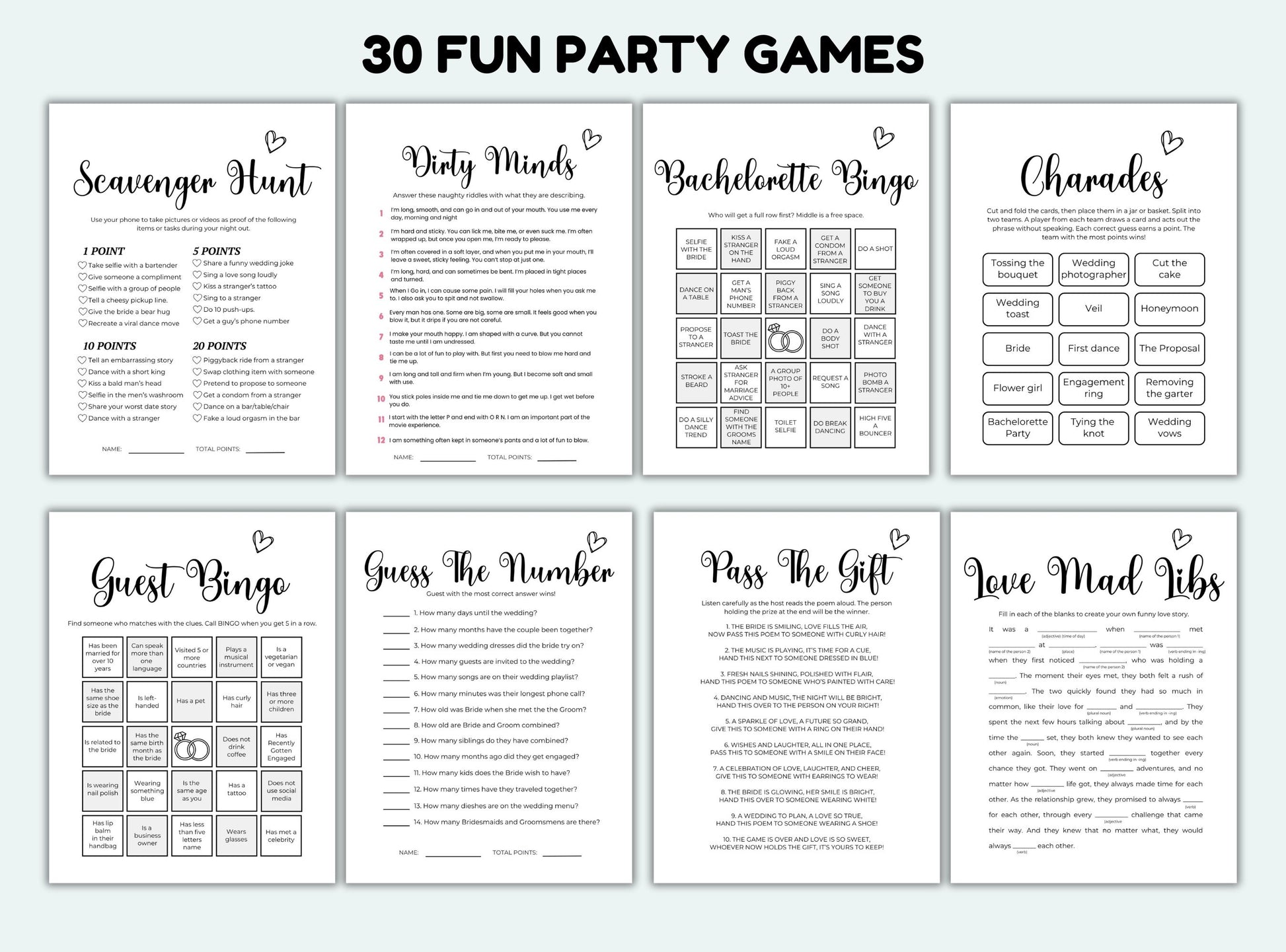Collection of 30 fun party game sheets with titles and instructions.