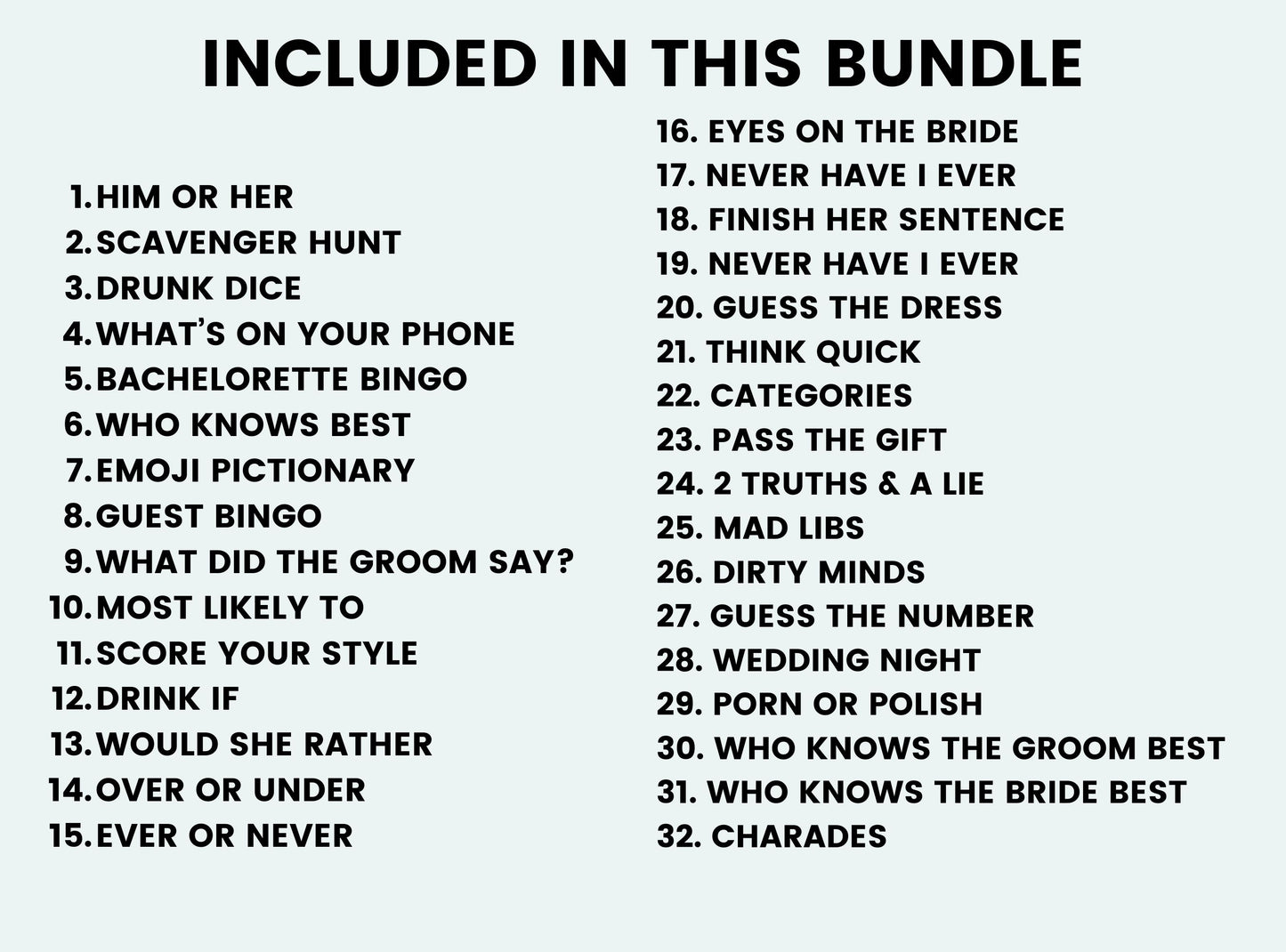 List of activities included in a bundle on a white background