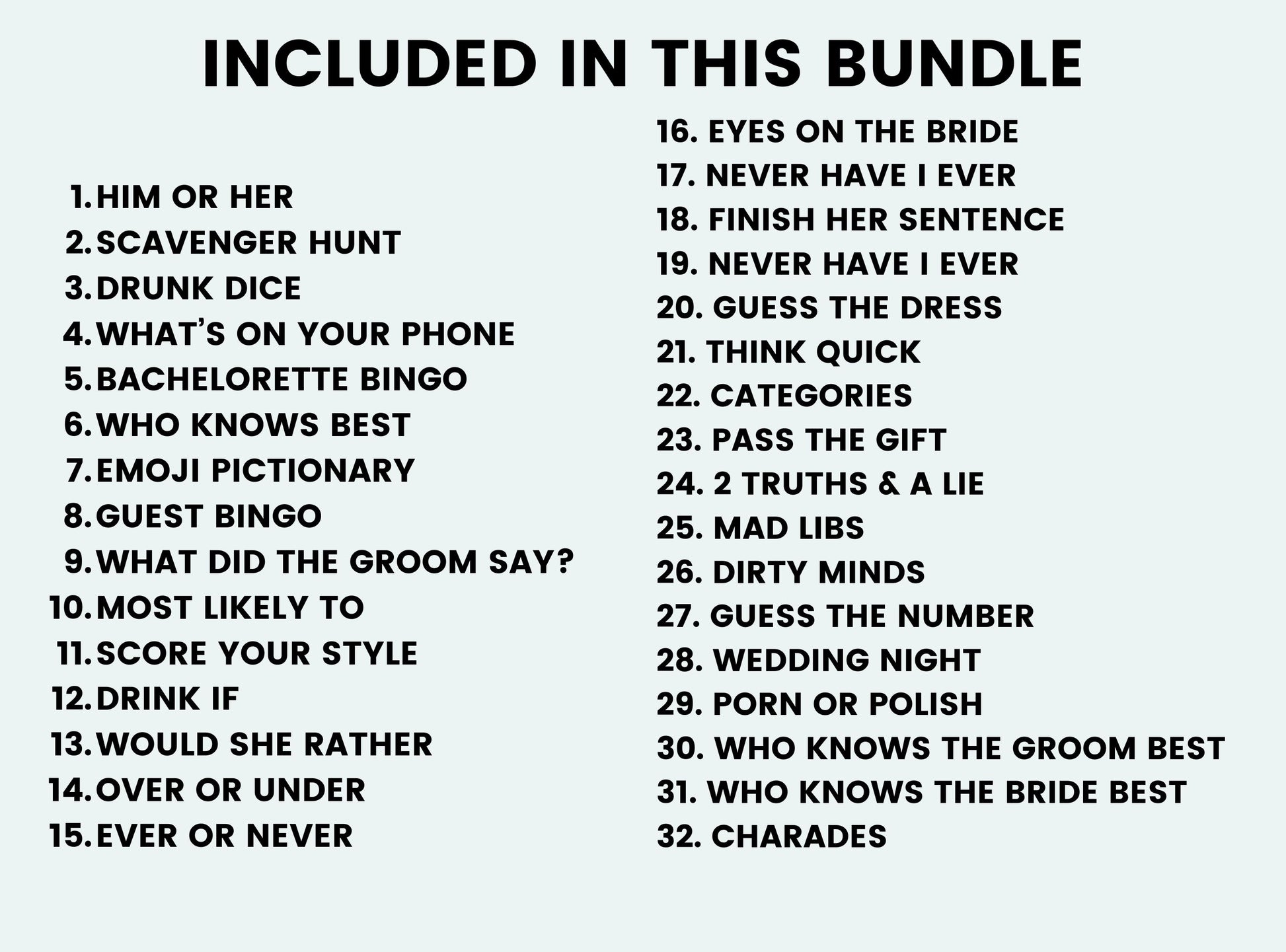 List of activities included in a bundle on a white background