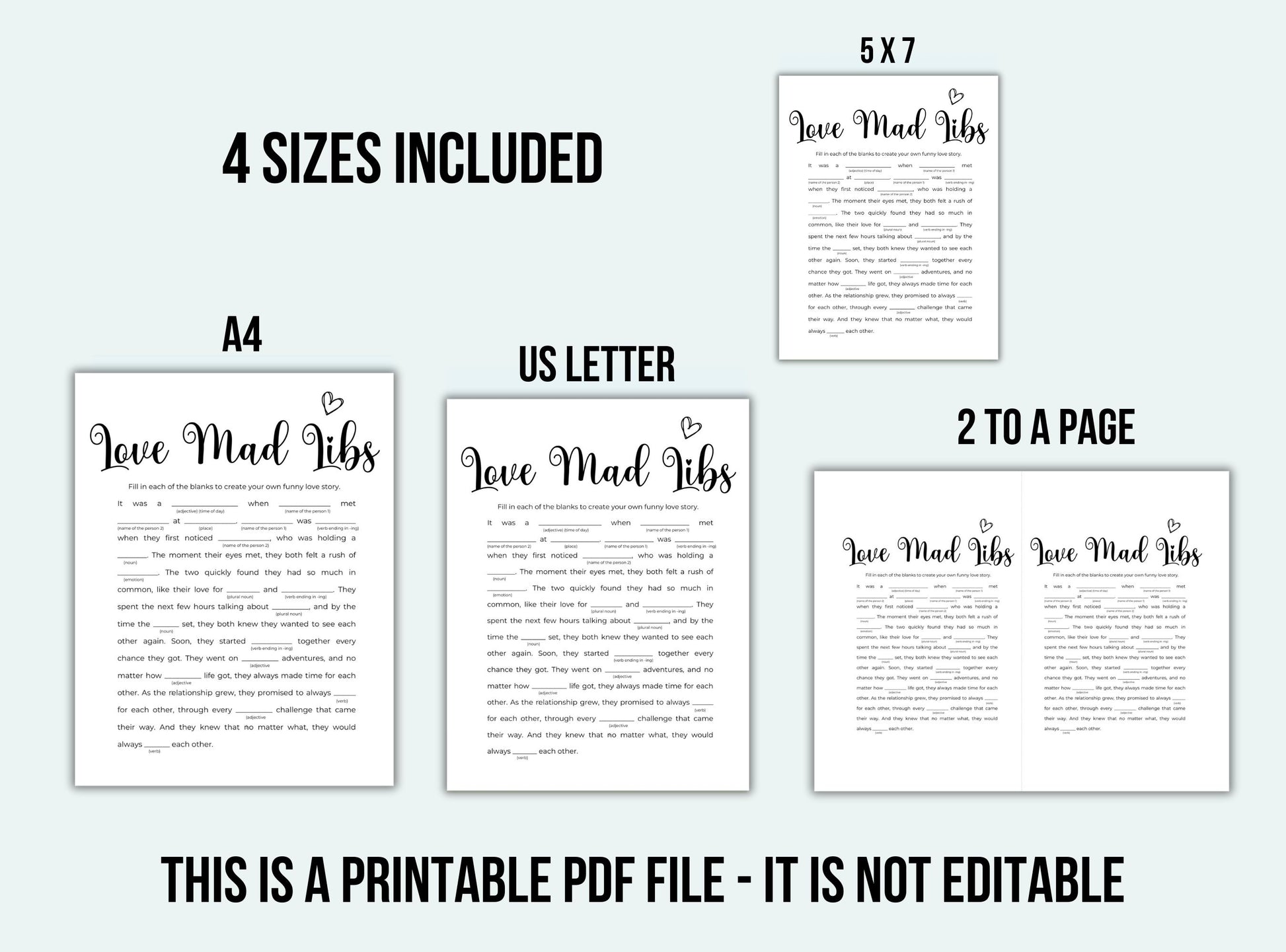 Love Mad Libs printables with different sizes and a PDF file note.