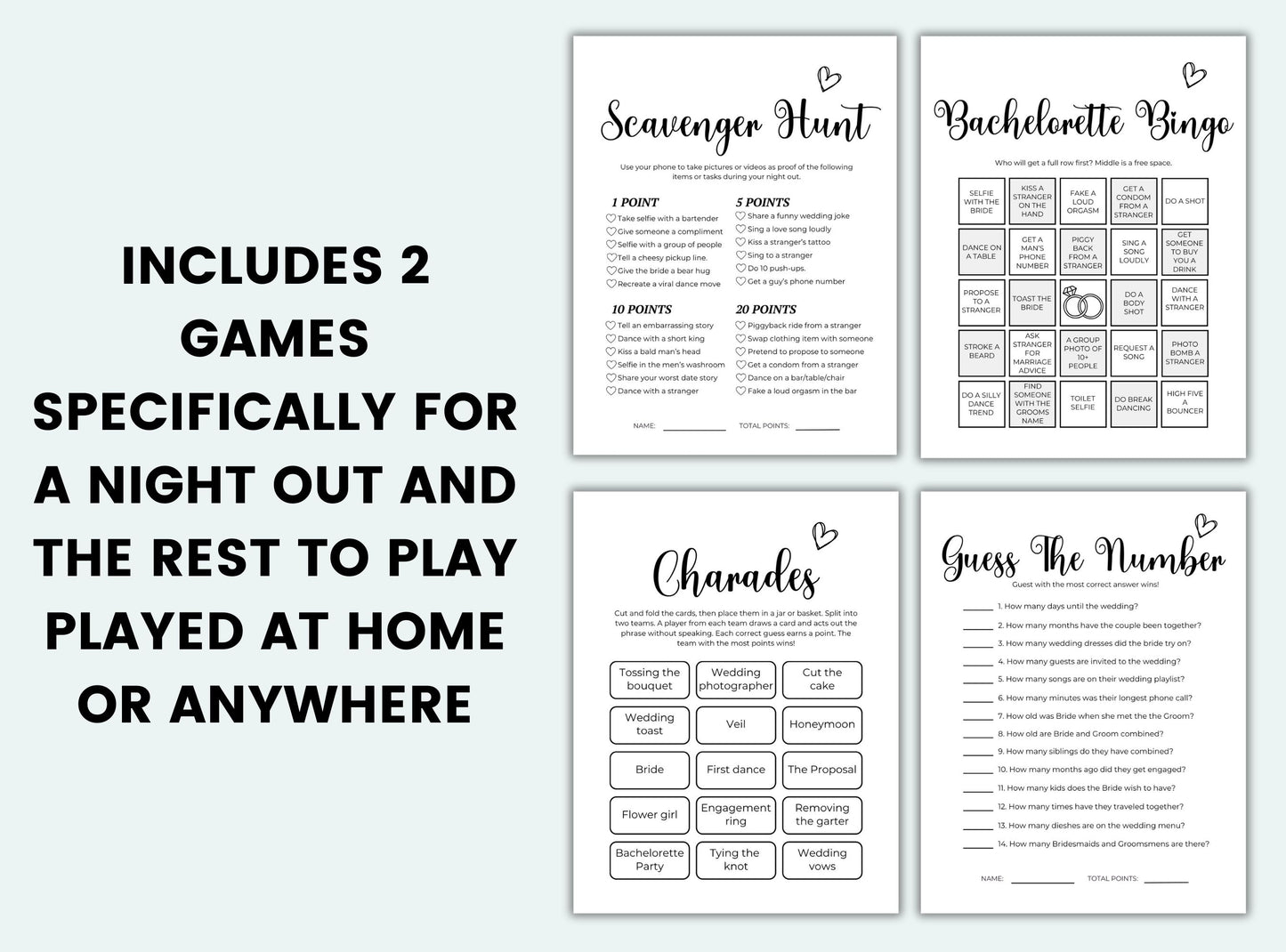 Set of party games including Scavenger Hunt, Bachelorette Bingo, Charades, and Guess the Number on a white background.