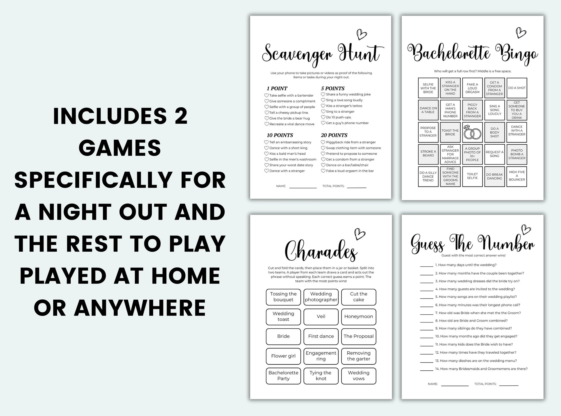 Set of party games including Scavenger Hunt, Bachelorette Bingo, Charades, and Guess the Number on a white background.
