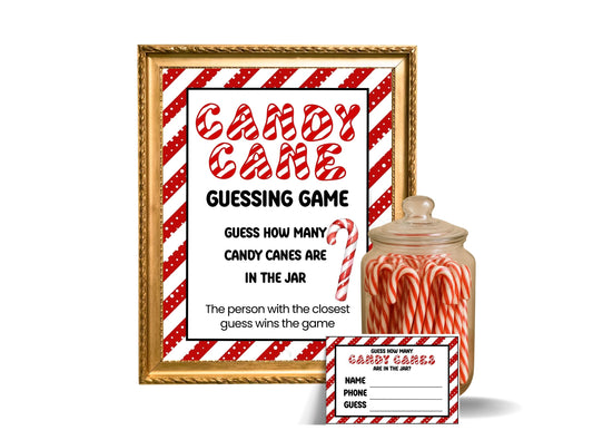 Candy cane guessing game with jar and sign on white background