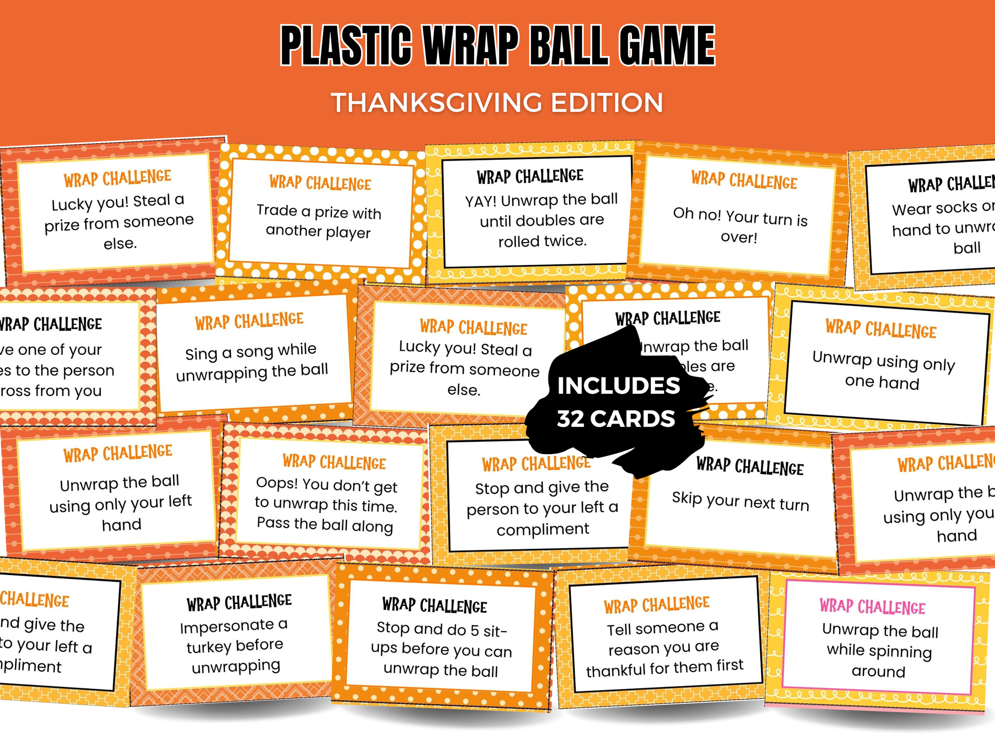 Thanksgiving Saran wrap ball game challenge cards