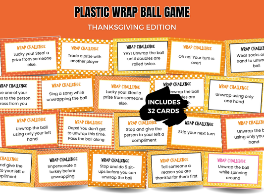 Thanksgiving Saran wrap ball game challenge cards